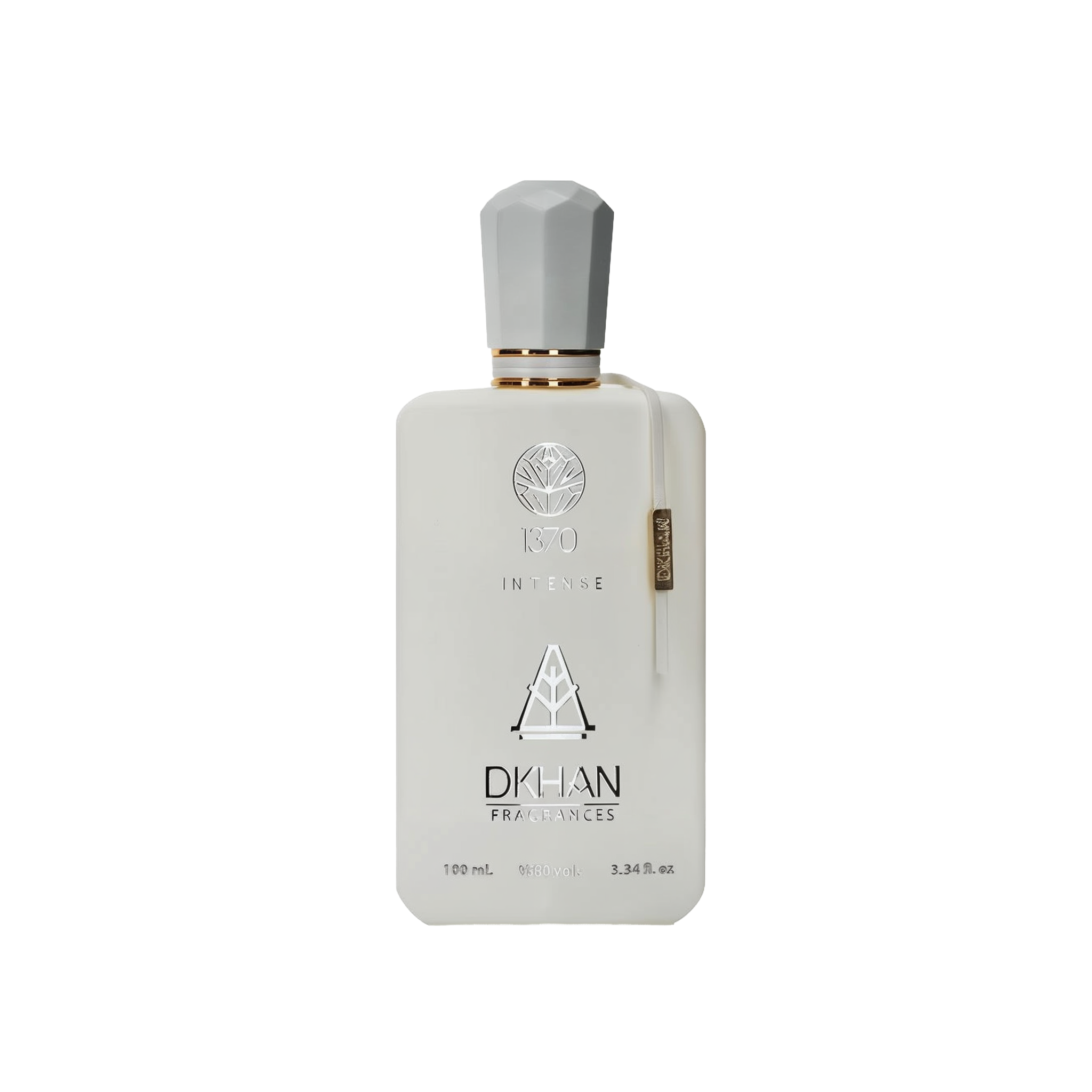 The image displays an elegant, matte-finished, frosted glass perfume bottle with a silver cap. On the front, the bottle is embossed with the number "1370" above the word "INTENSE", and below that is the emblem of "DKHAN FRAGRANCES". A leaf-like logo is printed above the number "1370". On the side of the bottle is a slender vertical label with additional branding details.