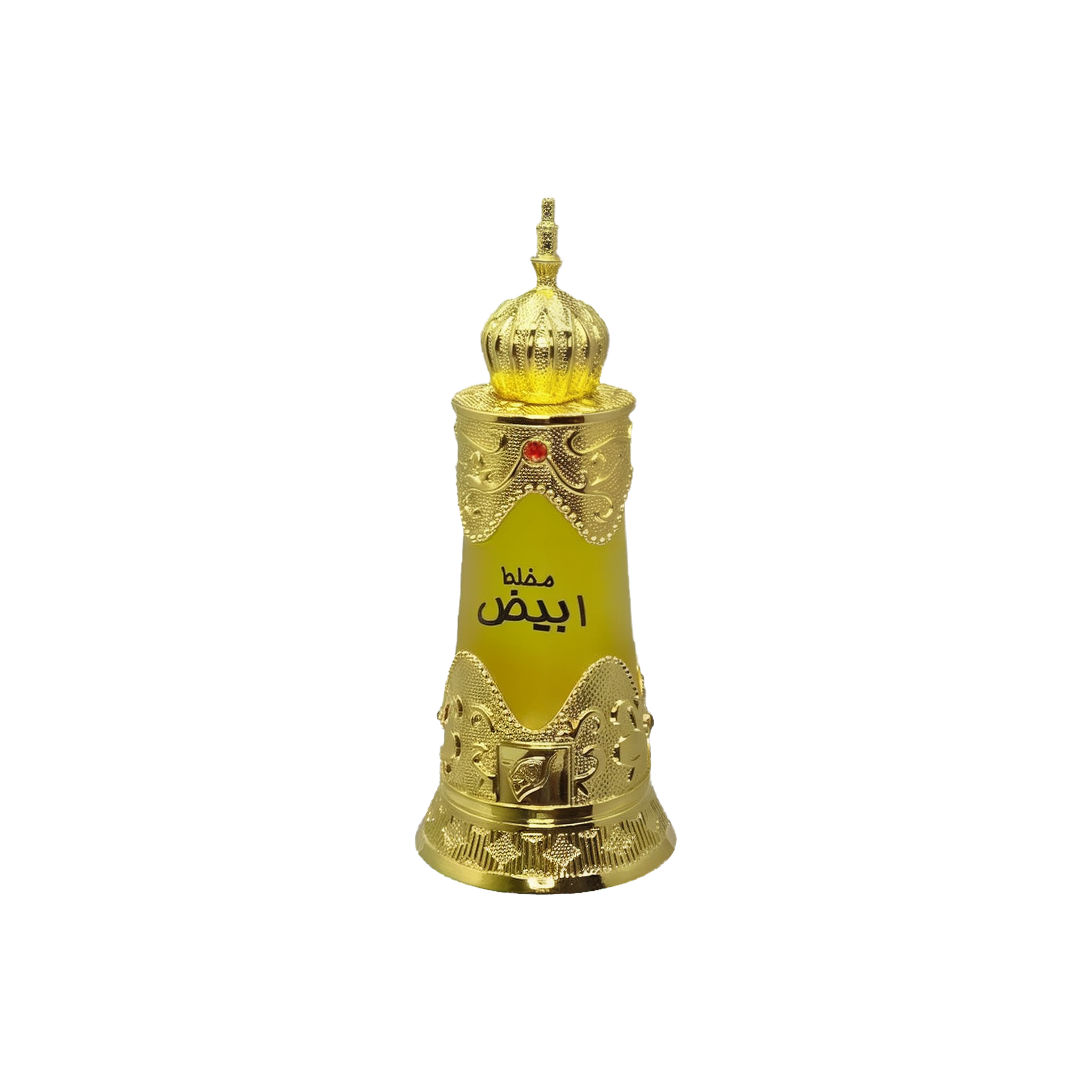Gold bottle of Afnan Abiyad Mukhallat perfume with Arabic script and decorative dome-shaped cap.