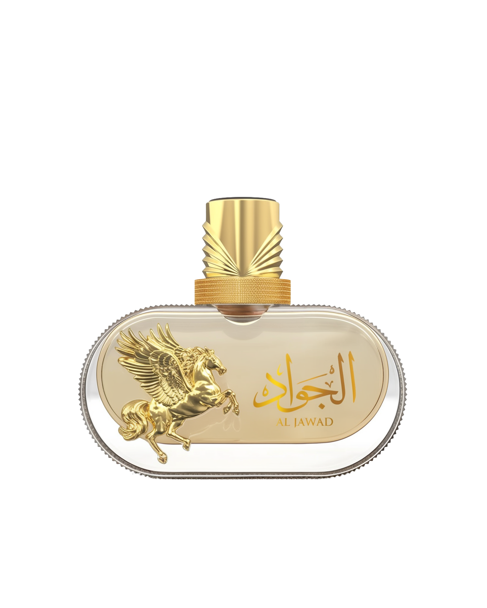 Le Falcone Niche Collection’s “Al Jawad High Fly” perfume against a white background: a horizontal oval transparent glass bottle filled with golden liquid, featuring a raised gold-tone Pegasus figure on its left side and Arabic calligraphy above the words “Al Jawad” in gold lettering on the right. The bottle sits topped by a tall, faceted gold-tone cap with textured ridges.