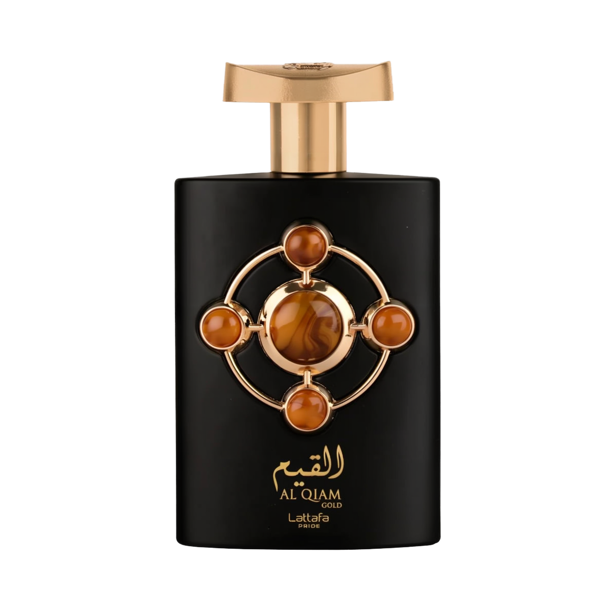The image is of a perfume bottle named "Al Qiam Gold" from Lattafa Pride. The bottle has a matte black finish with a gold cap. On its front is an ornamental feature consisting of a gold circular frame inset with five amber-colored stones, arranged in a cr