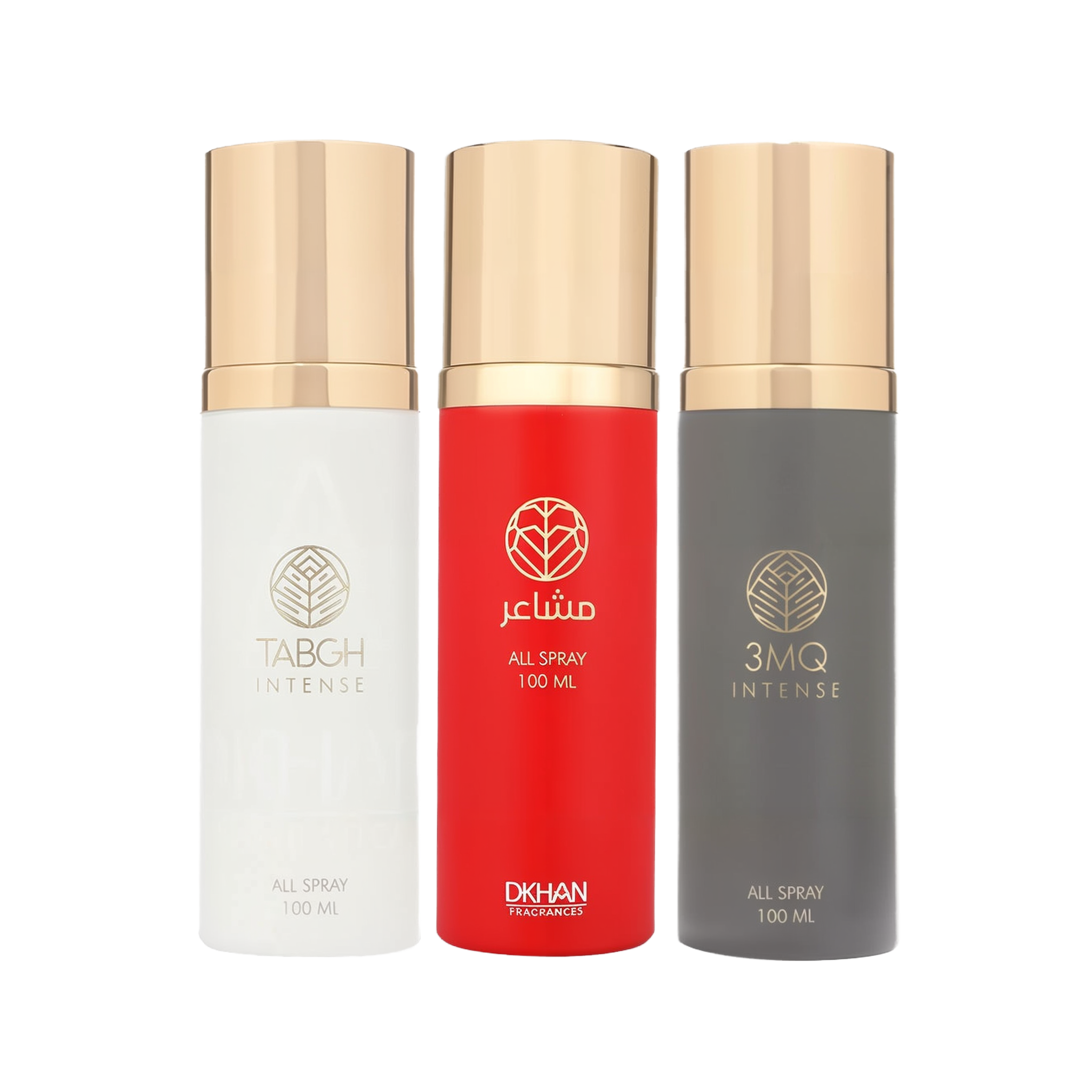 This image displays a trio of All Over Spray bottles from DKHAN Fragrances, each containing 100 ml of product. From left to right: the first bottle is white with a gold cap and the 'TABGH INTENSE' label in a clear font; the middle bottle is vibrant red with a gold cap and labeled 'club INTENSE' in white lettering; the third bottle is a dark grey with a gold cap and the '3MQ INTENSE' label. Each bottle features the DKHAN Fragrances logo—a stylized heart within a diamond shape—above the label.