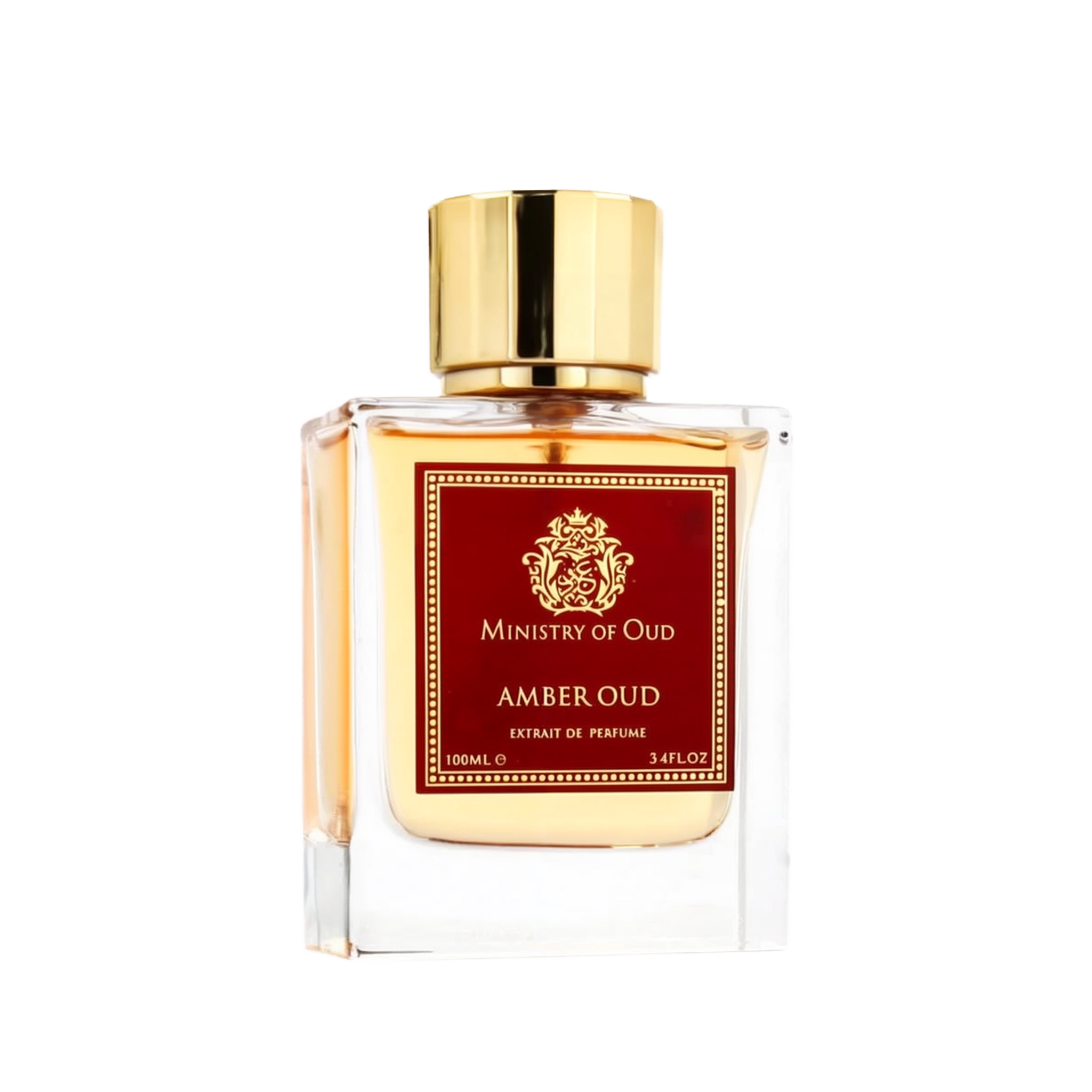 Image of 'Amber Oud' Extrait de Parfum by Ministry of Oud, Paris Corner. The 100ml perfume bottle is made of clear glass with a rich amber-colored liquid inside. It has a square design, a prominent gold cap, and a red label with intricate gold detailing and text, giving it a classic and luxurious appearance.