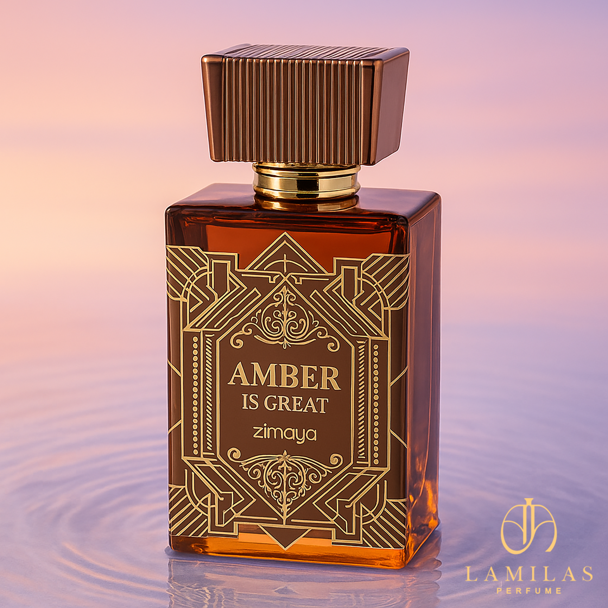Zimaya Amber Is Great perfume bottle on reflective water with sunset tones.
