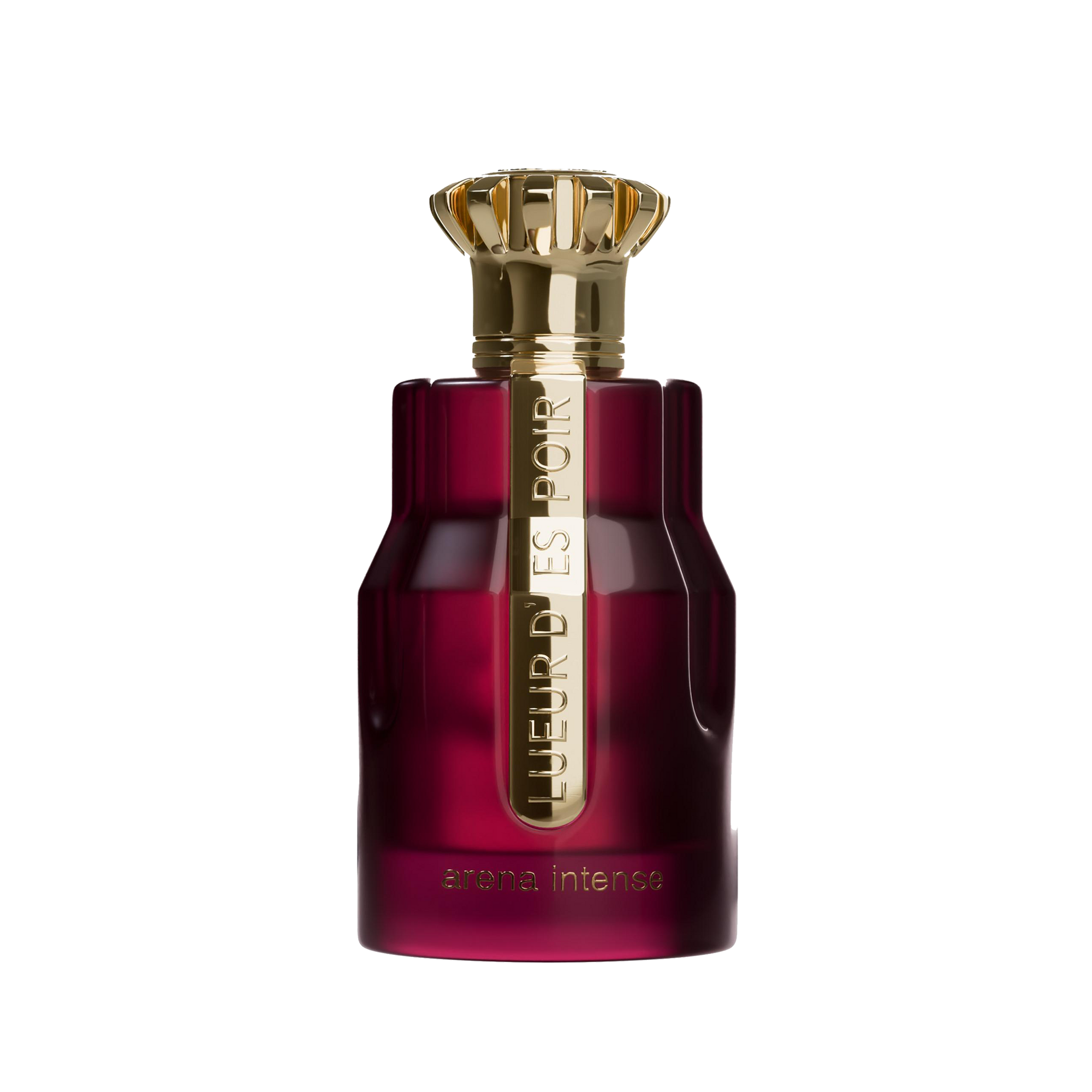 Deep burgundy perfume bottle with gold crown-shaped cap and Arena Intense branding on front.