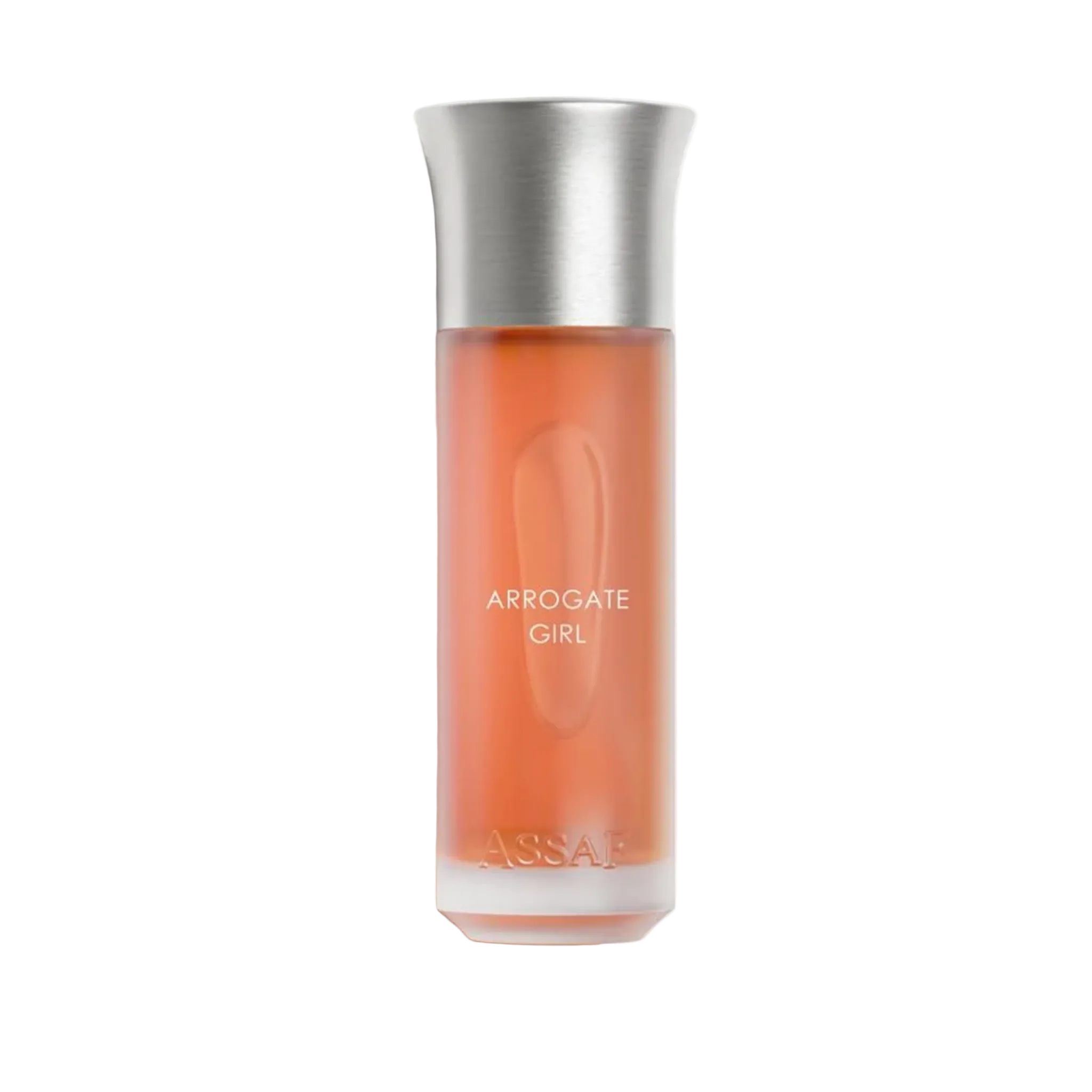 Assaf Arrogate Girl perfume bottle with a frosted orange-coral body, oval embossed detail, and a brushed silver cap.