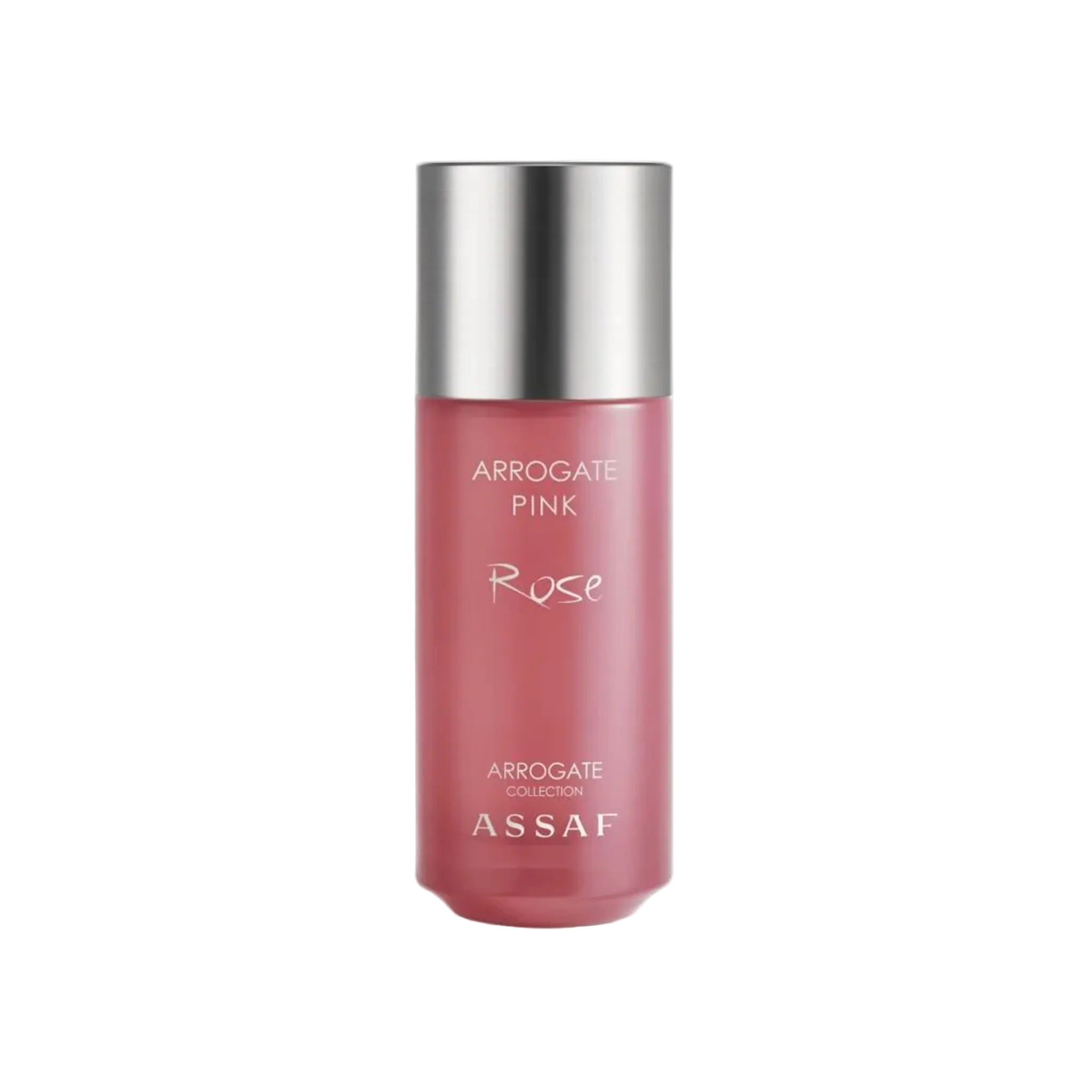 Assaf Arrogate Pink Rose perfume in a soft pink frosted bottle with a silver cap.