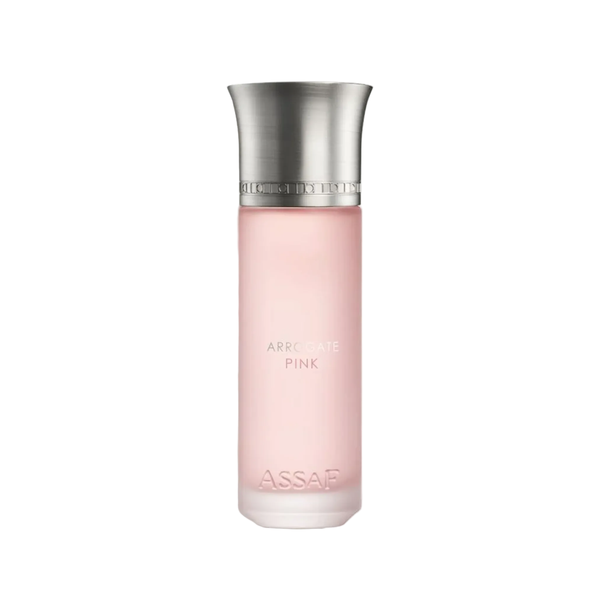 Assaf Arrogate Pink perfume bottle with a tall frosted blush-pink glass body, flared brushed silver cap.