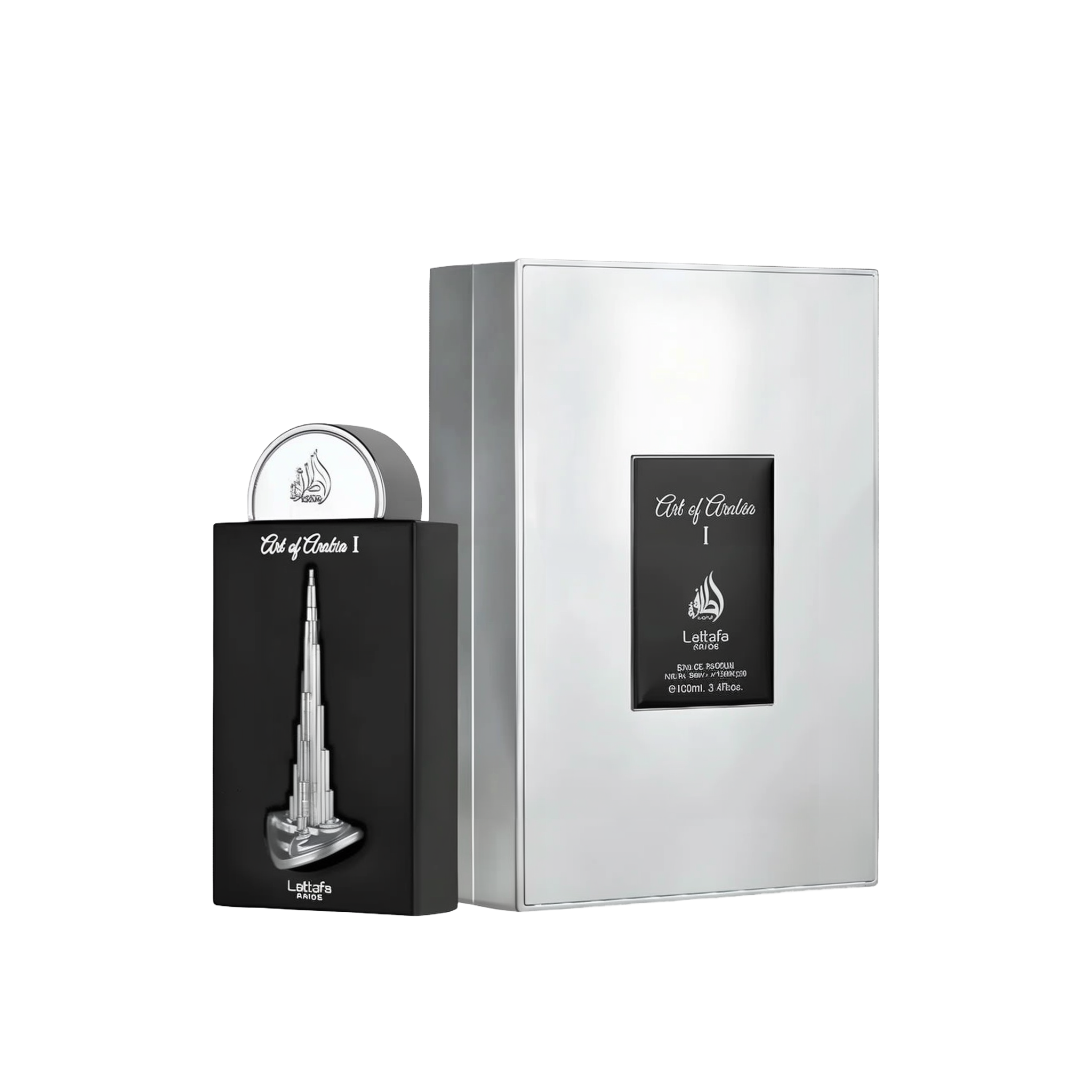 The image shows a perfume bottle and packaging from Lattafa Pride, branded as "Art of Arabia I." The perfume bottle has a sleek black design with a silver depiction of a tall, iconic skyscraper, resembling the Burj Khalifa, embossed on the front. The bott