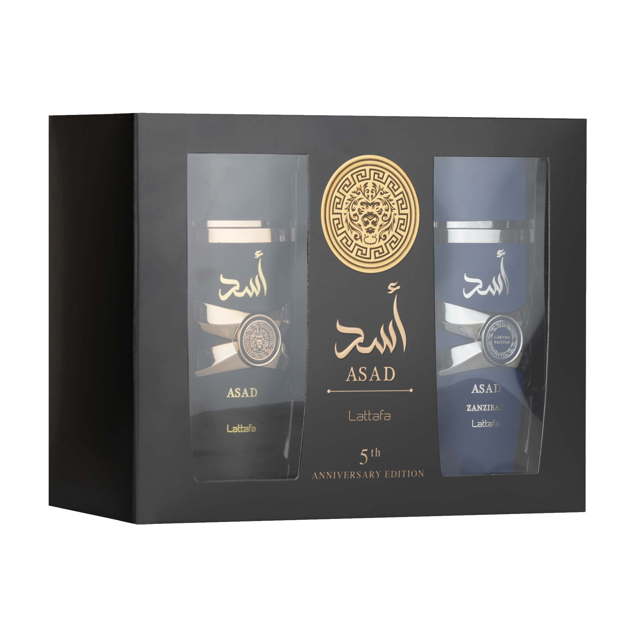 Lattafa Asad 5th Anniversary Edition gift set box with two bottles, black and navy blue, featuring gold and silver in premium packaging.