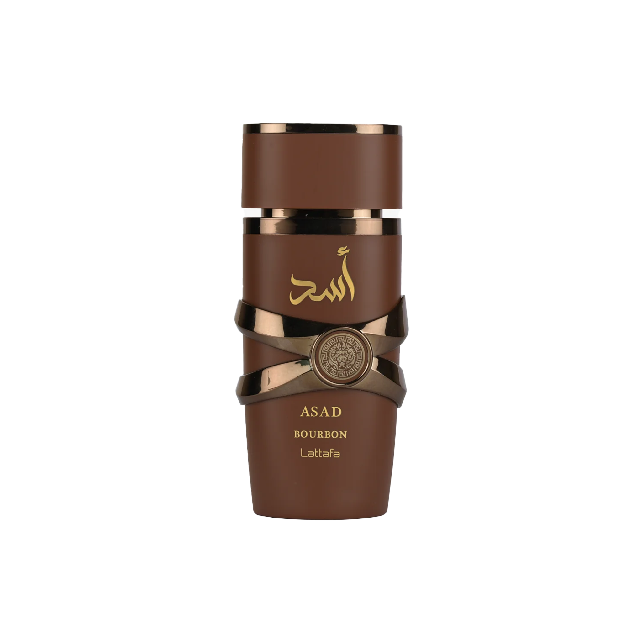 Lattafa Asad Bourbon perfume bottle in brown with gold Arabic script and decorative metallic design.
