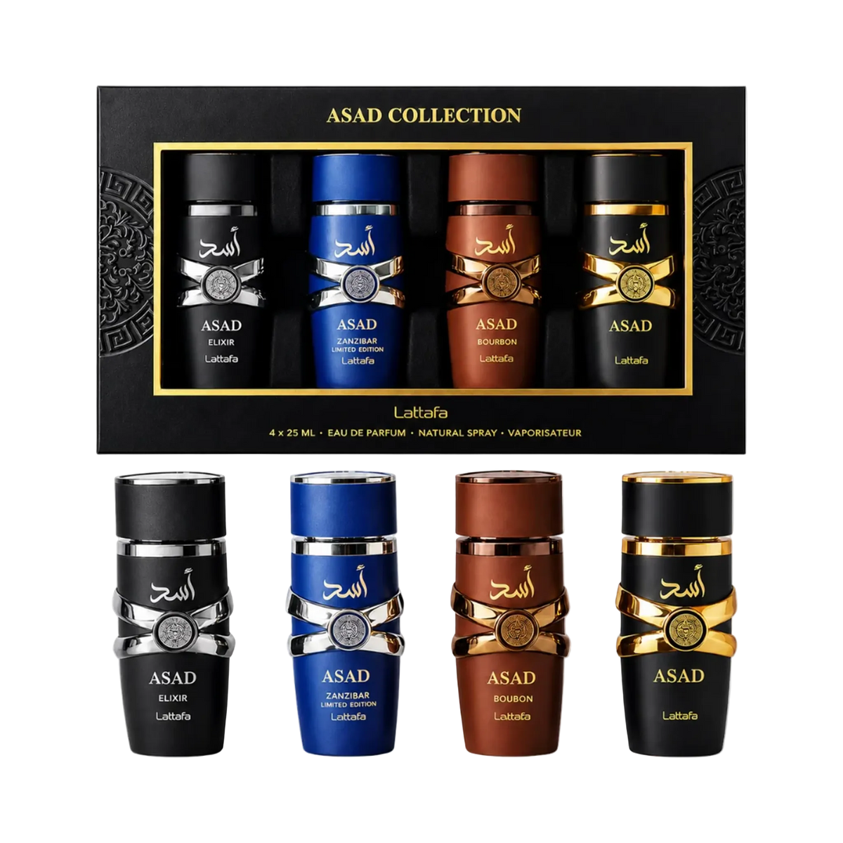 Lattafa Asad Collection gift set featuring four 25ml Eau De Parfum sprays - Asad Elixir, Asad Zanzibar, Asad Bourbon and Asad - displayed with the premium presentation box.