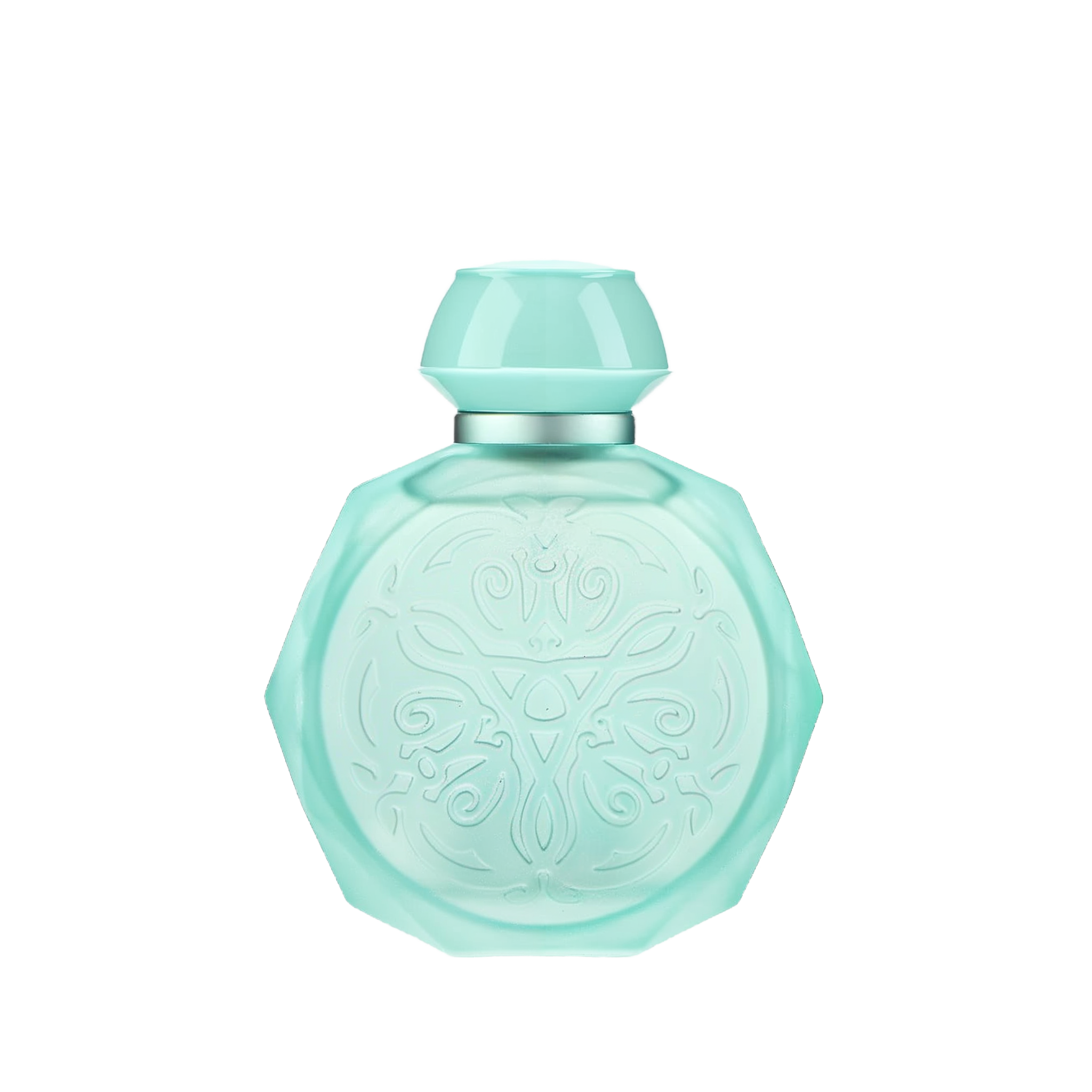 A pastel blue octagonal perfume bottle with intricate embossed designs on the front. The bottle features a matching pastel blue cap and a silver collar, adding a touch of elegance and sophistication. The soft blue color and detailed patterns give the bottle a delicate and luxurious appearance, perfect for a high-end fragrance.
