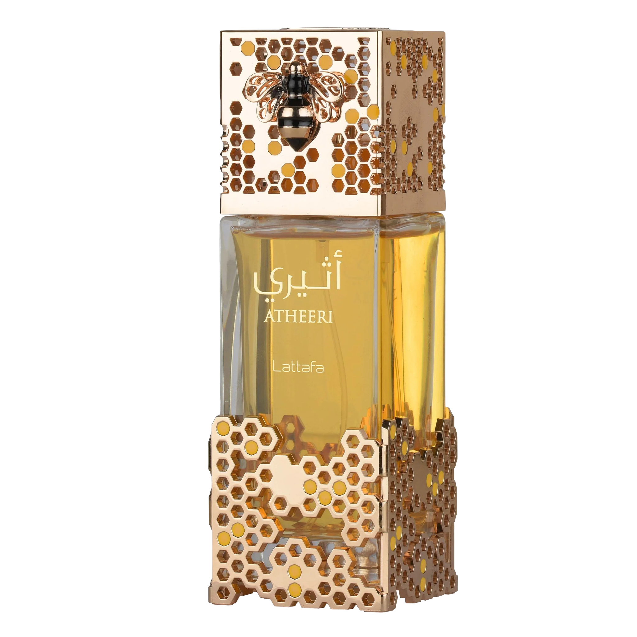 Golden perfume bottle with honeycomb-patterned casing, bee emblem cap, and Atheeri Lattafa branding.