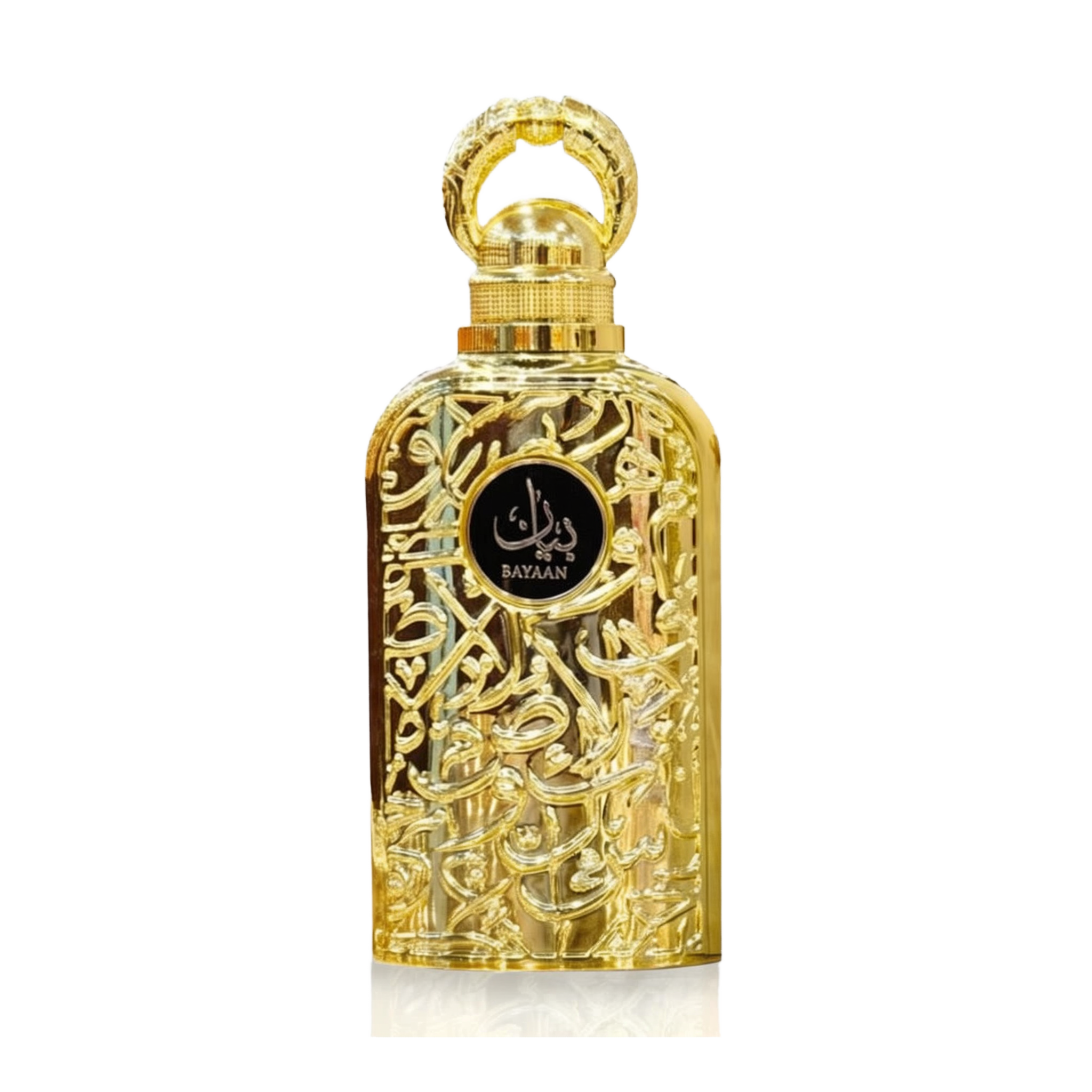 The image shows a luxurious perfume bottle. The bottle has a golden color with intricate arabesque patterns carved into its metal exterior, giving it a very ornate and decorative appearance. The cap of the bottle is also golden and has a circular handle, likely for aesthetic purposes. In the center of the bottle, there is a black label with the word "BAYAAN" written in stylized white Arabic script. The background is plain, highlighting the detailed craftsmanship and opulent design of the perfume bottle.
