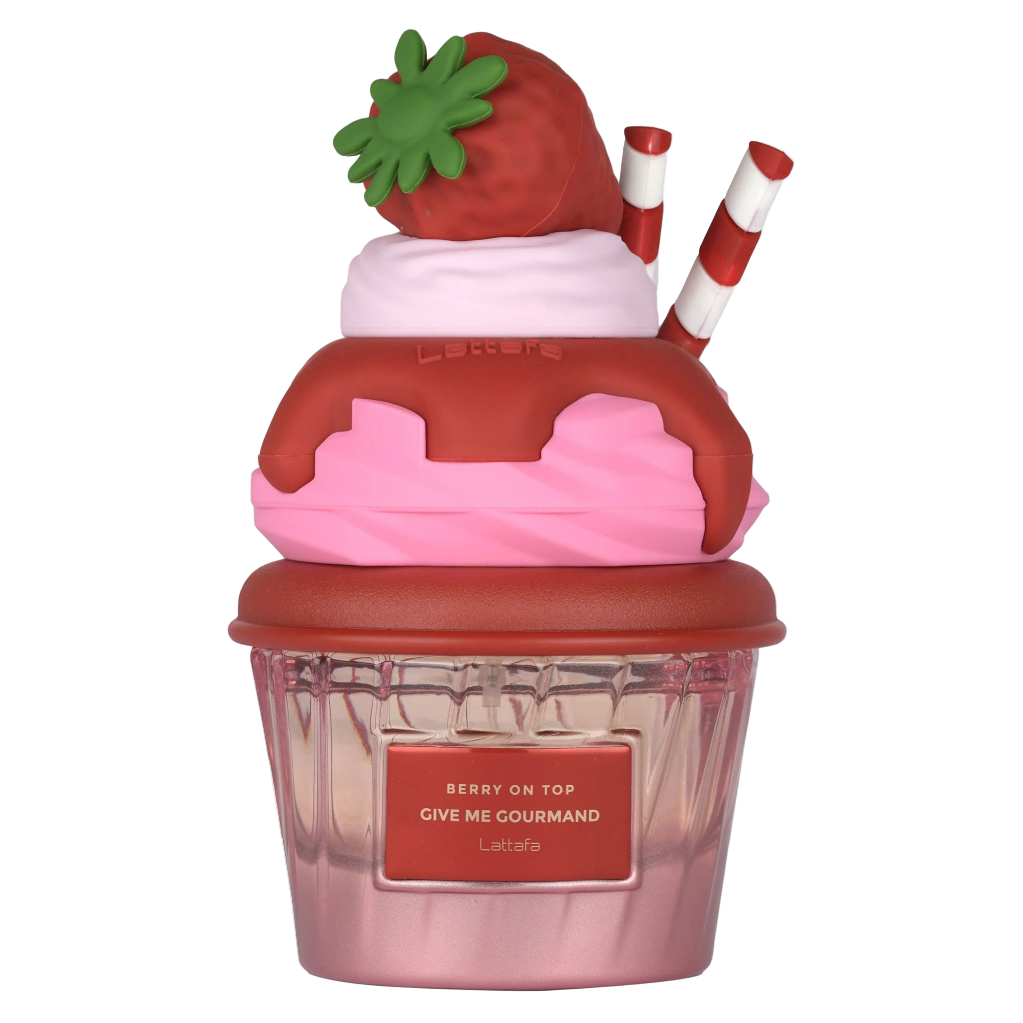 Lattafa Berry on Top Give Me Gourmand perfume bottle shaped like a dessert jar with strawberry and wafer stick details.