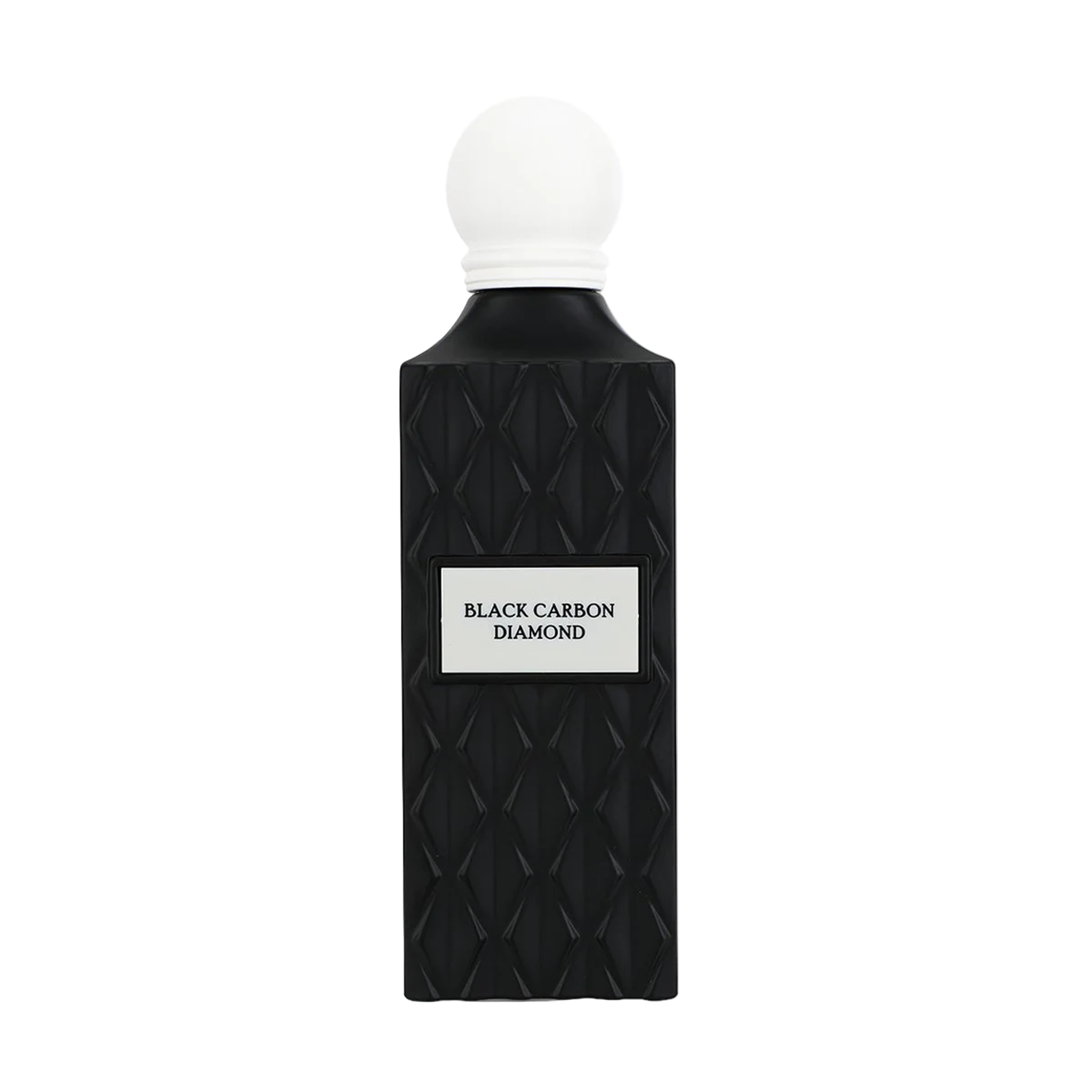 Black textured Black Carbon Diamond perfume bottle with a white round cap and a centered nameplate.