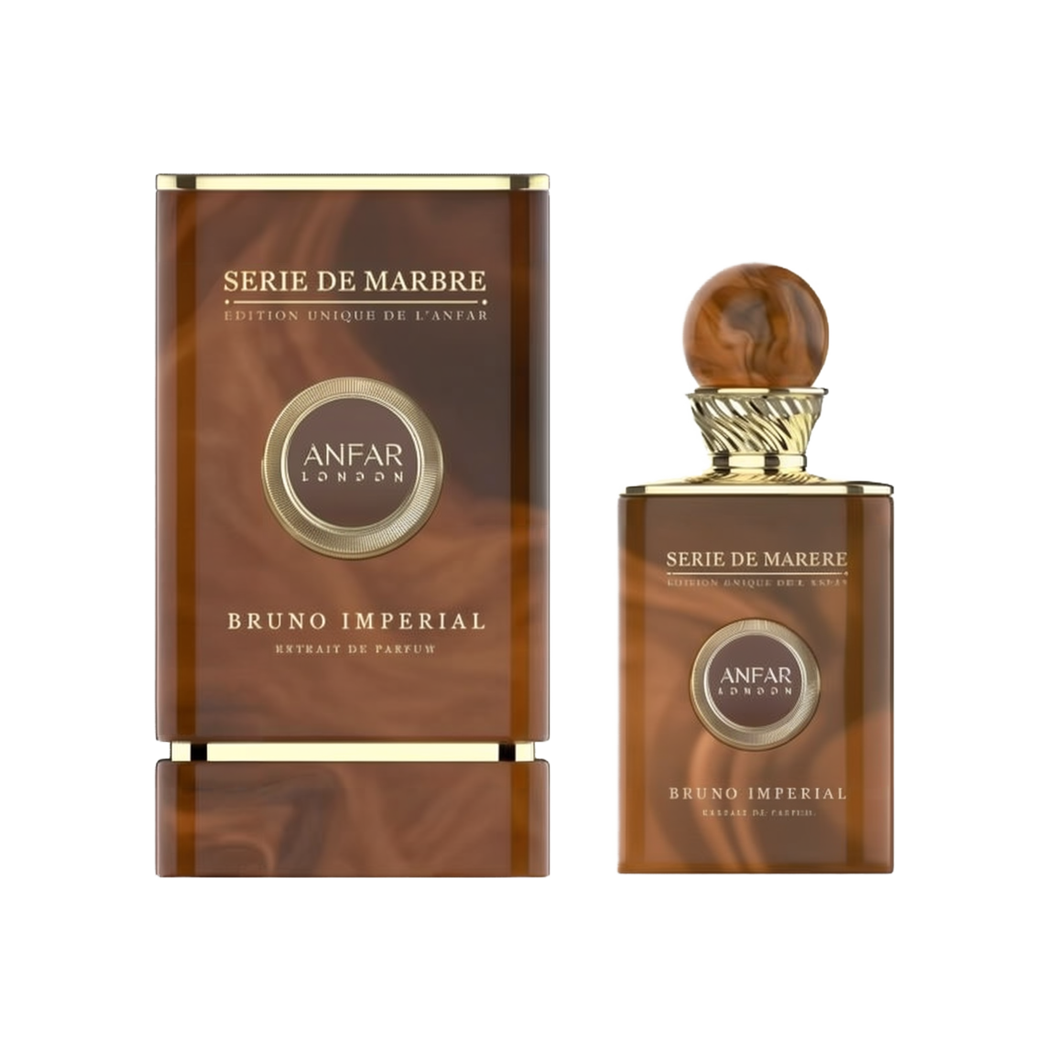 A rectangular, marble-patterned brown perfume bottle with gold accents and a matching round cap, shown next to a similarly styled box labeled “Serie de Marbre Bruno Imperial Extrait de Parfum” by Anfar London.