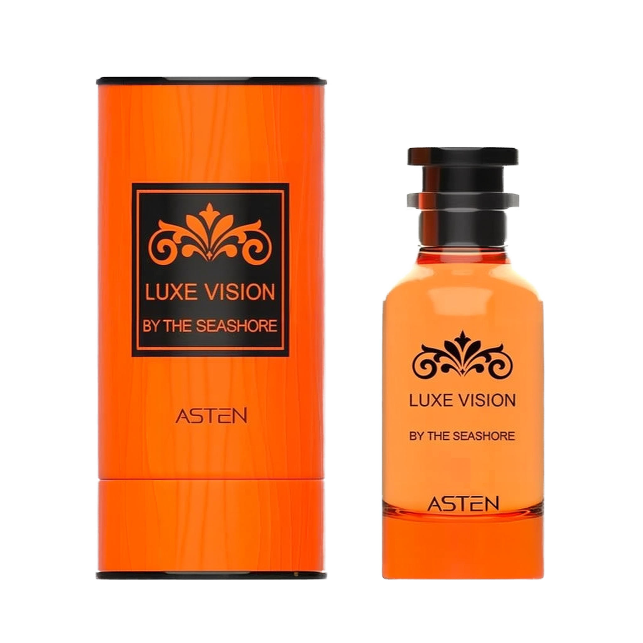 A bright orange cylindrical perfume container with a black-embossed decorative flourish and the text Luxe Vision By The Seashore printed on the front, displayed next to a matching orange-hued glass bottle topped with a sleek black cap and adorned with the same black motif and brand name Asten.