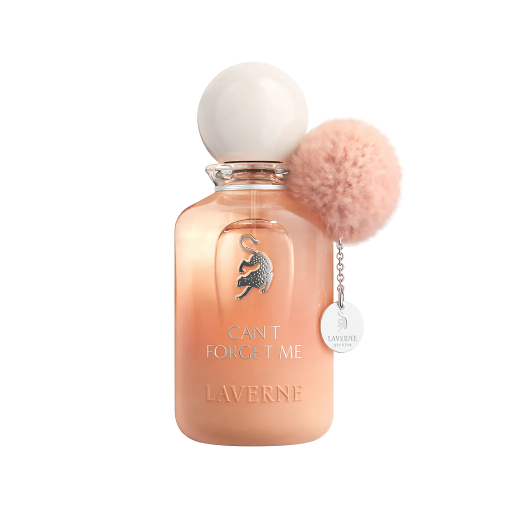 Peach gradient perfume bottle with round cap, cat emblem, and pink pom pom charm labeled “Can’t Forget Me”.