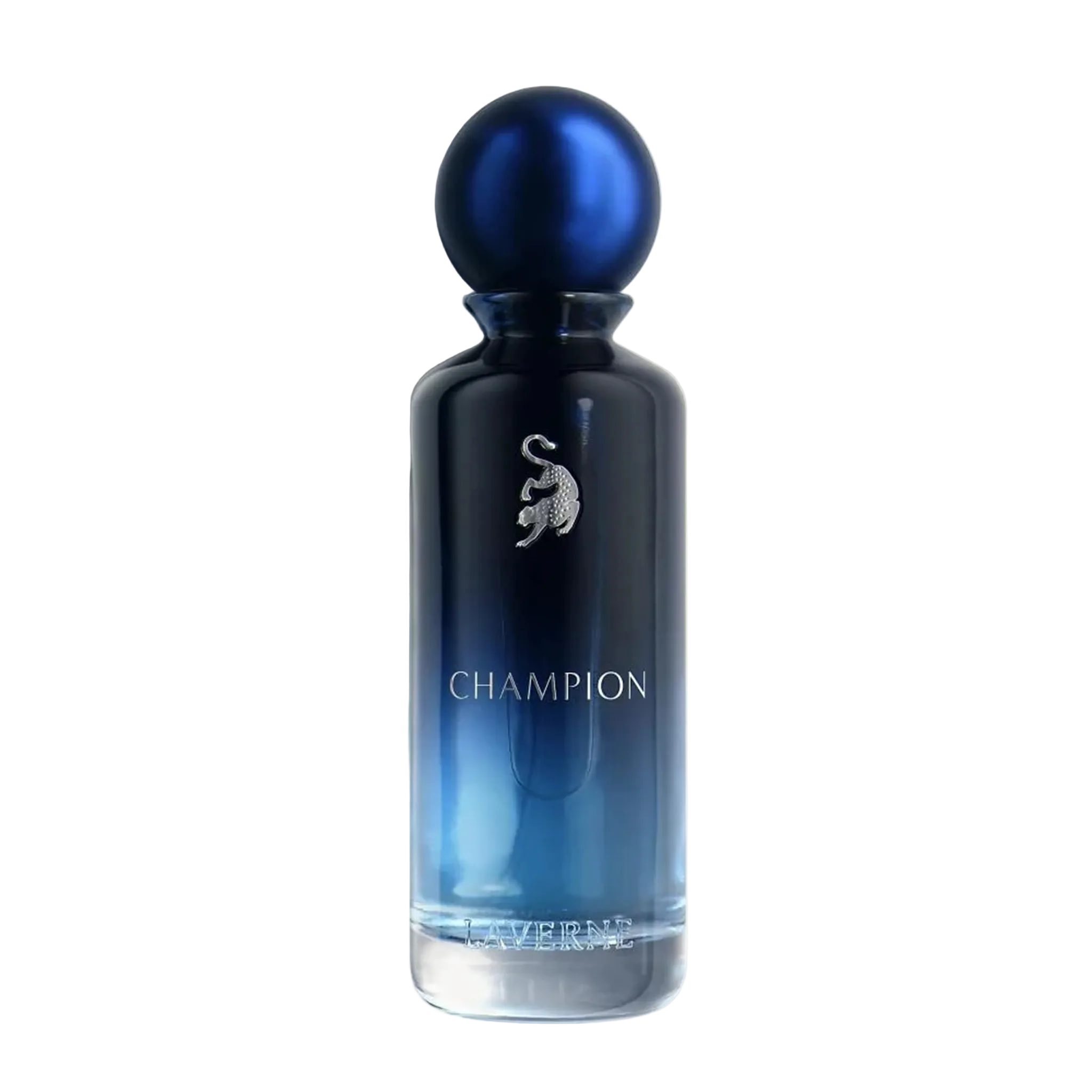 Deep blue Champion perfume bottle by Laverne with glossy rounded cap.