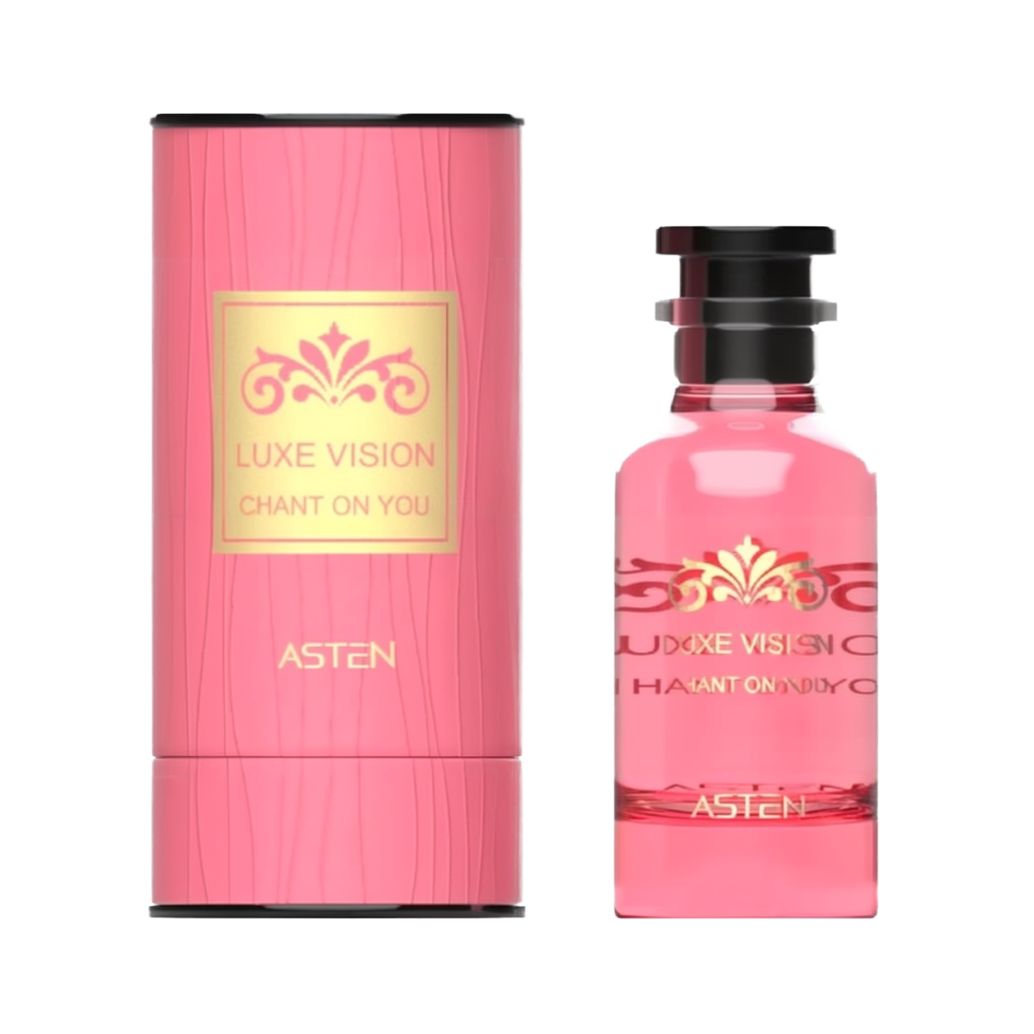 A pink, cylindrical perfume box with a gold-accented Luxe Vision Chant On You label beside a matching pink glass perfume bottle adorned with a decorative gold motif