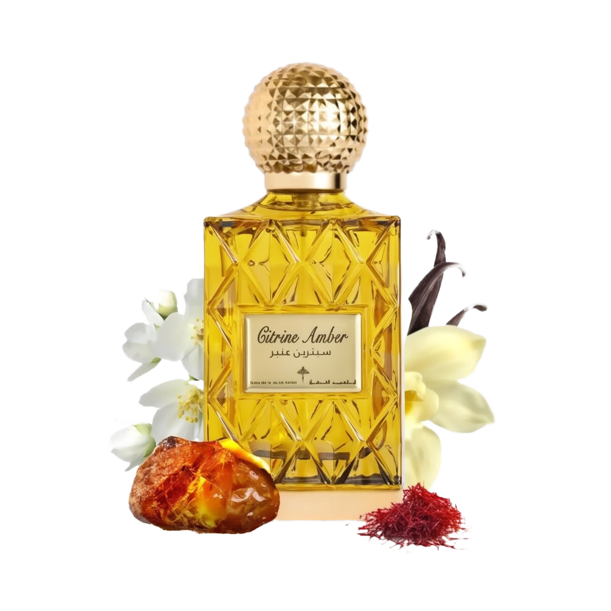 The image depicts a perfume bottle with a golden yellow liquid, named "Citrine Amber." The bottle has a textured gold cap and a label with the name in both English and Arabic script. Surrounding the bottle are a piece of amber resin, a few saffron threads to the right, vanilla pods to the upper right, and white flowers to the left, likely to represent some of the scent notes in the fragrance.