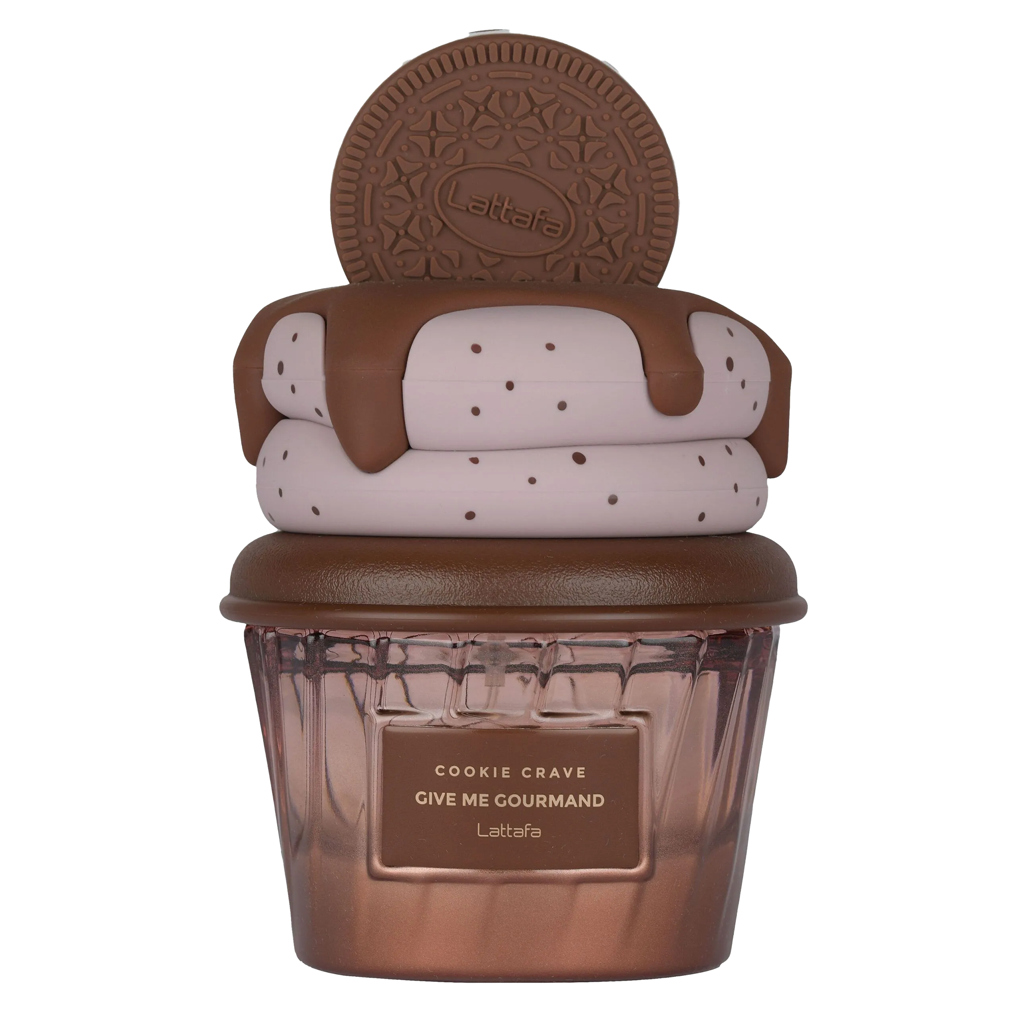 Cookie Crave Give Me Gourmand Lattafa bottle shaped like a dessert jar with cookie and chocolate details on top.