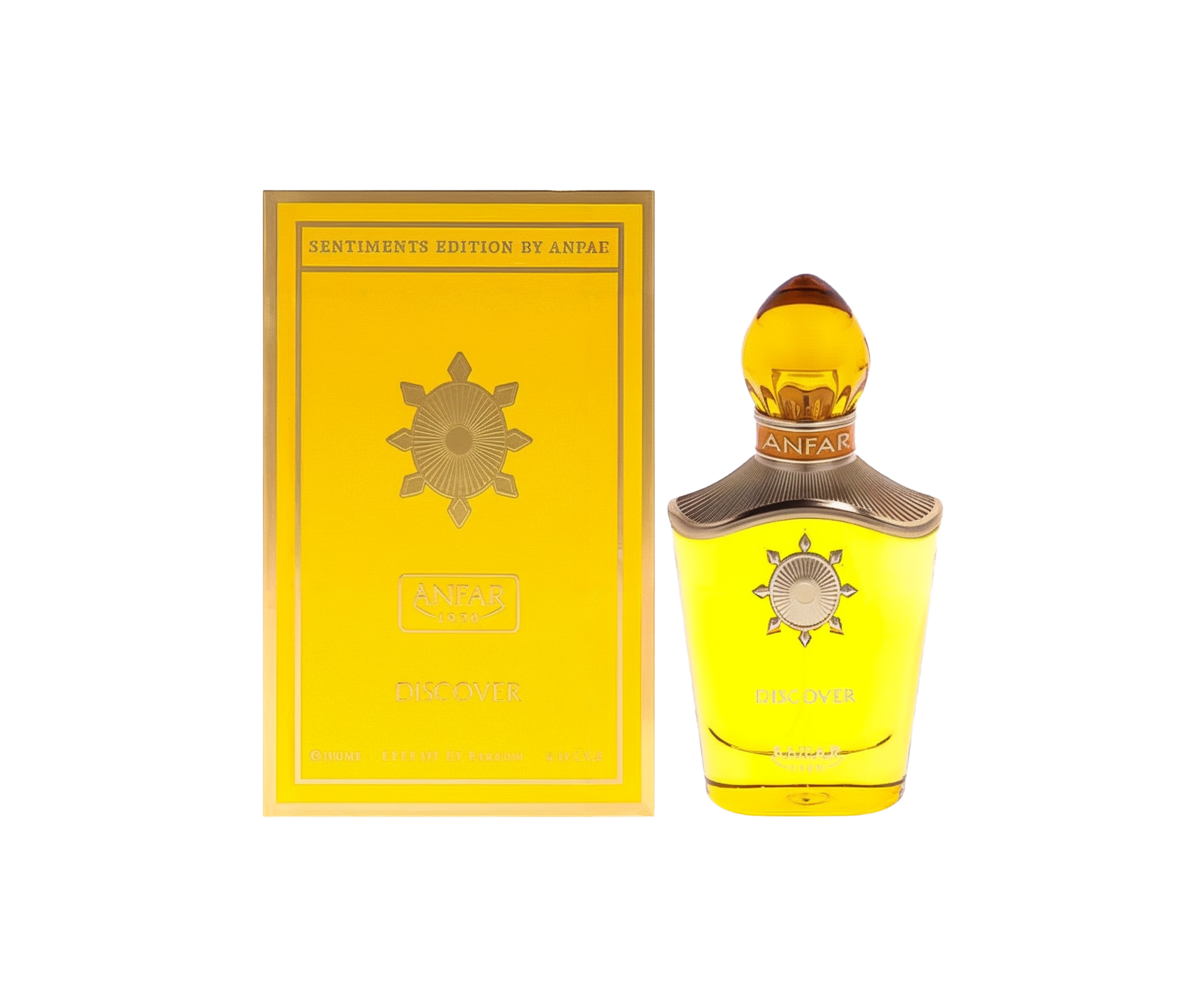 A translucent, golden-yellow perfume bottle with a curved shape and an amber-like dome cap, adorned with a sun emblem on the front. It’s shown beside a bright yellow box labeled “Sentiments Edition by Anfar 1950 Discover,” featuring gold accents and branding.