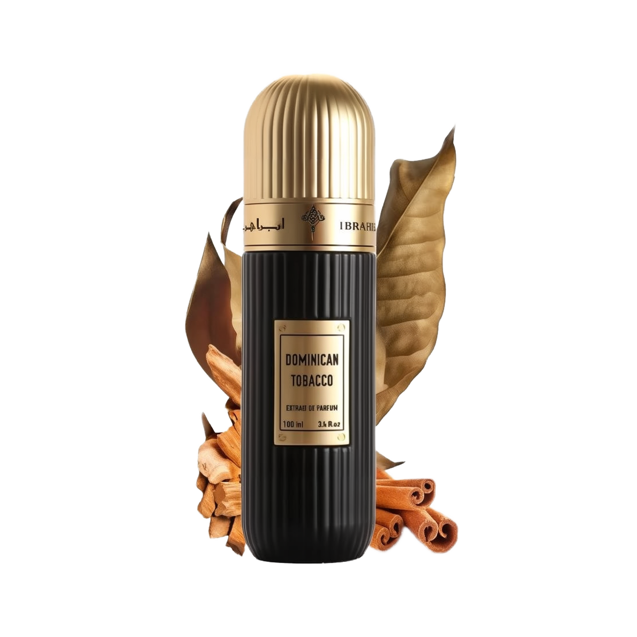 A cylindrical black perfume bottle with a gold cap, labeled "DOMINICAN TOBACCO" in white text, and "Extrait de Parfum 100 ml 3.4 fl.oz" in smaller white text. It has an Arabic inscription and the brand name "IBRAHEEM AL QURASHI" at the top. The bottle is presented in front of two large dried tobacco leaves and rests on a surface with scattered cinnamon sticks. The background is white, emphasizing the product.