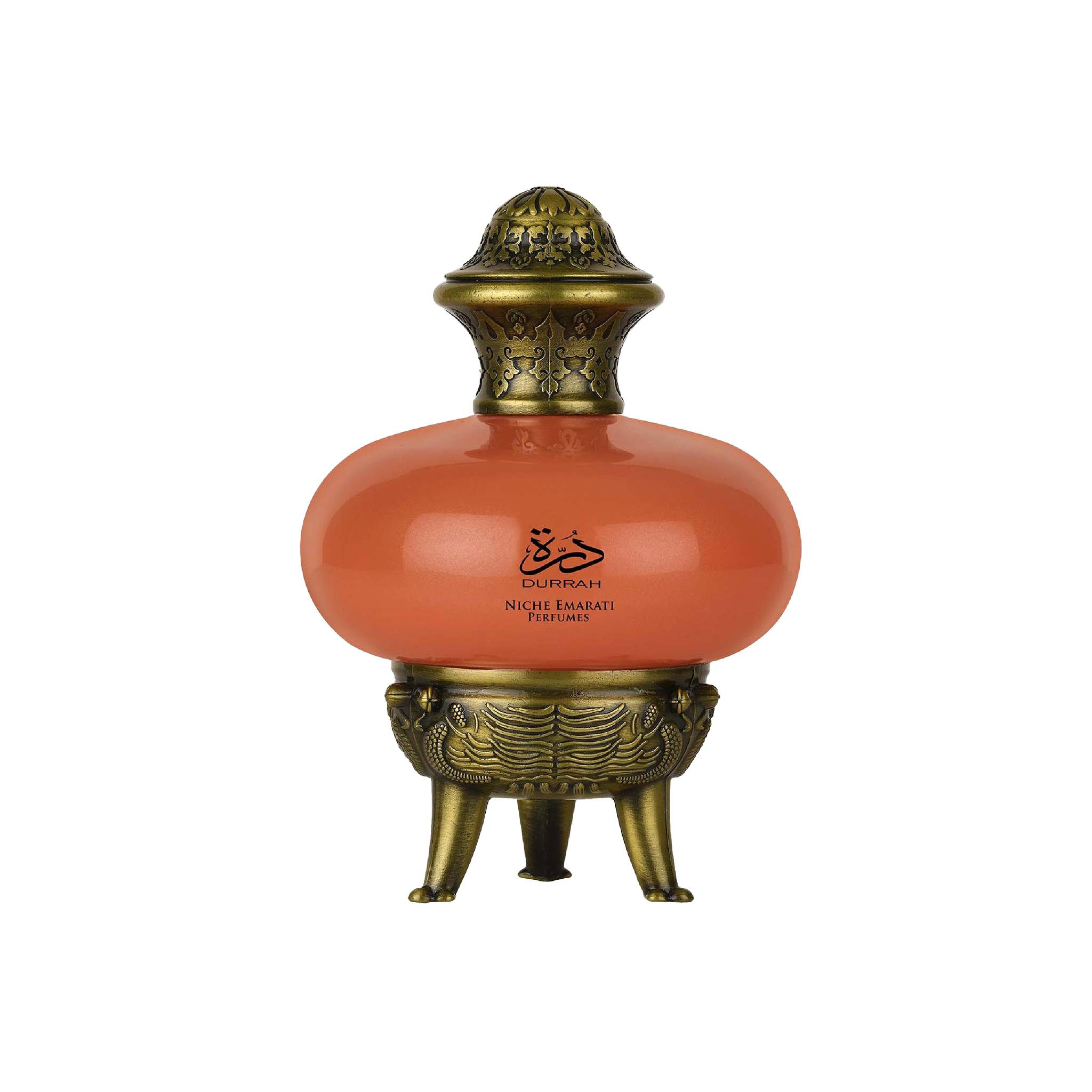 Durrah by Niche Emarati Perfumes Lattafa in a coral-colored round bottle with ornate antique gold cap and decorative tripod base.