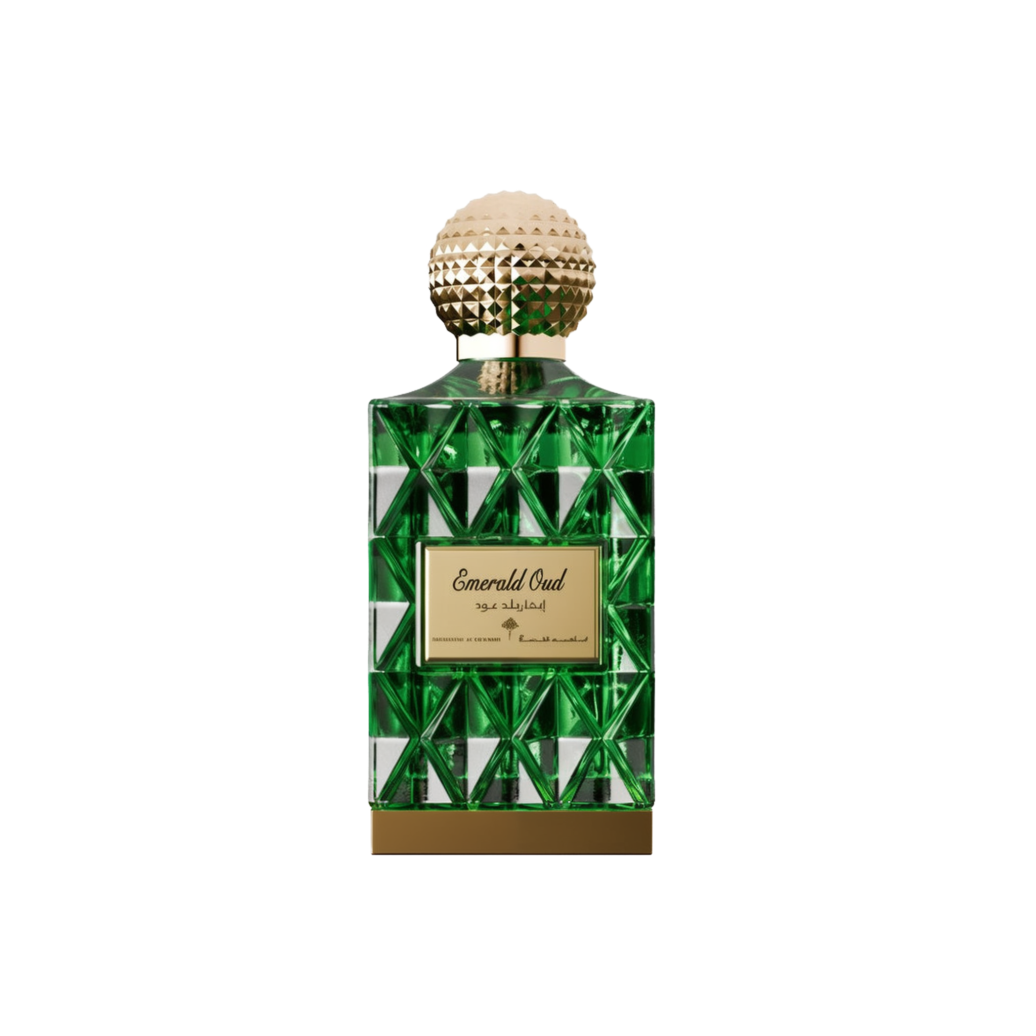 A luxurious bottle of Emerald Oud perfume by Ibraheem Al-Qurashi, featuring a geometric emerald green glass design with reflective triangular facets. The bottle is topped with a textured, spherical gold cap and has a gold nameplate on the front engraved with 'Emerald Oud' in elegant script along with Arabic text and branding. A solid gold base completes the opulent look, conveying a rich and sophisticated aesthetic.