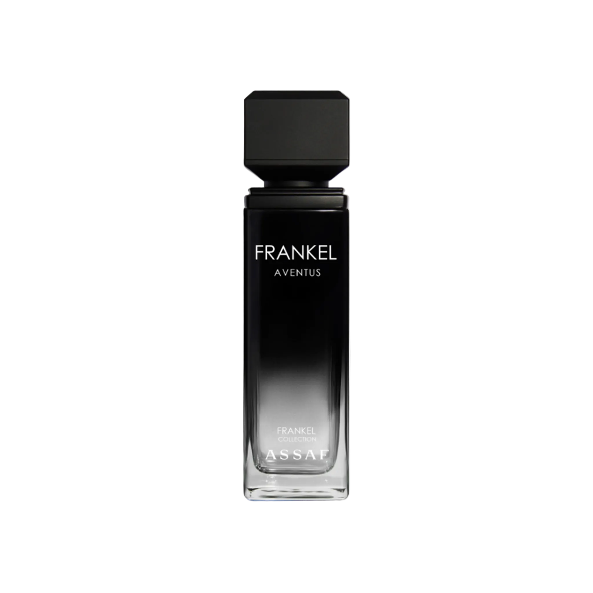 Assaf Frankel Aventus perfume bottle in black gradient glass with a square black cap.