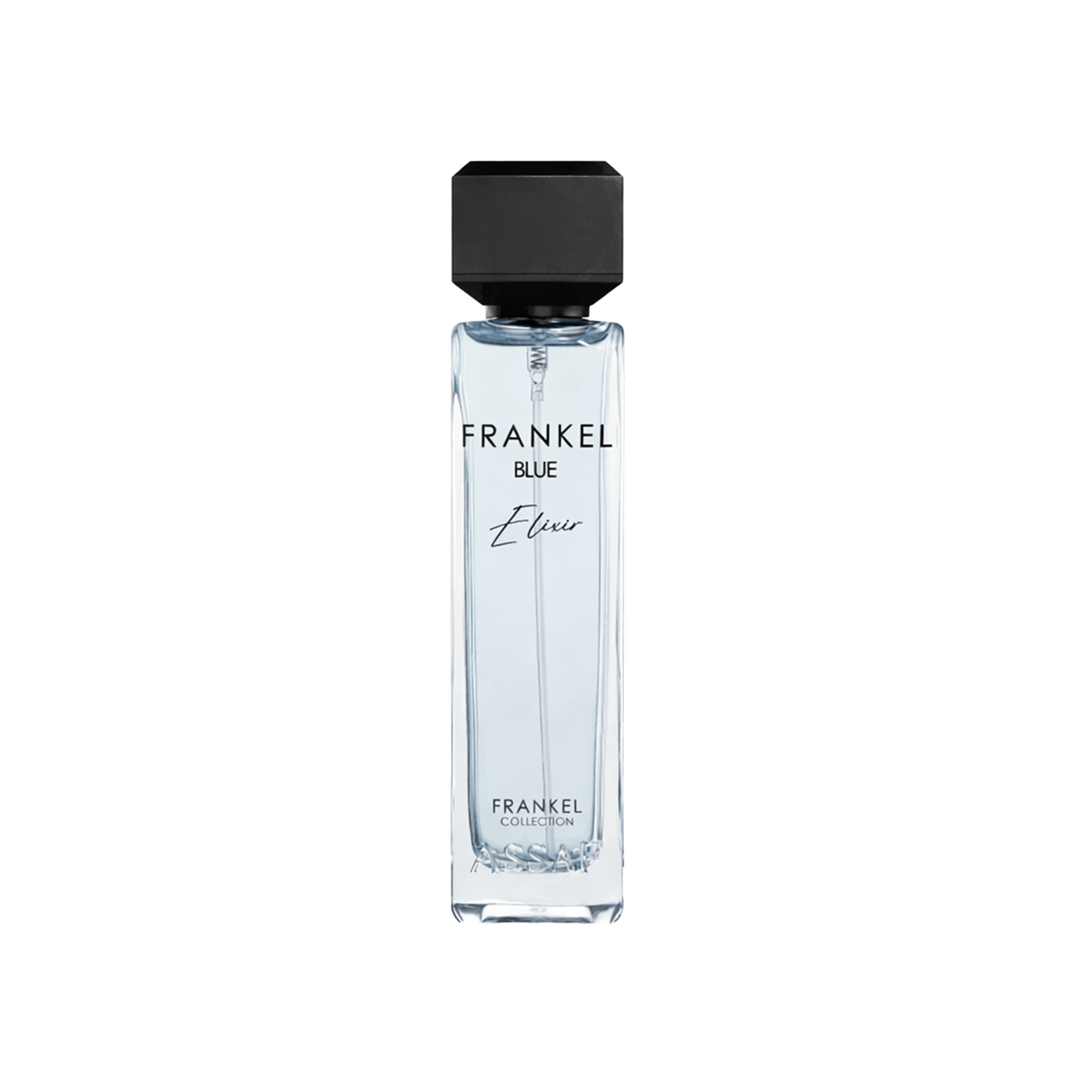 Frankel Blue Elixir perfume bottle with clear glass design and black cap.
