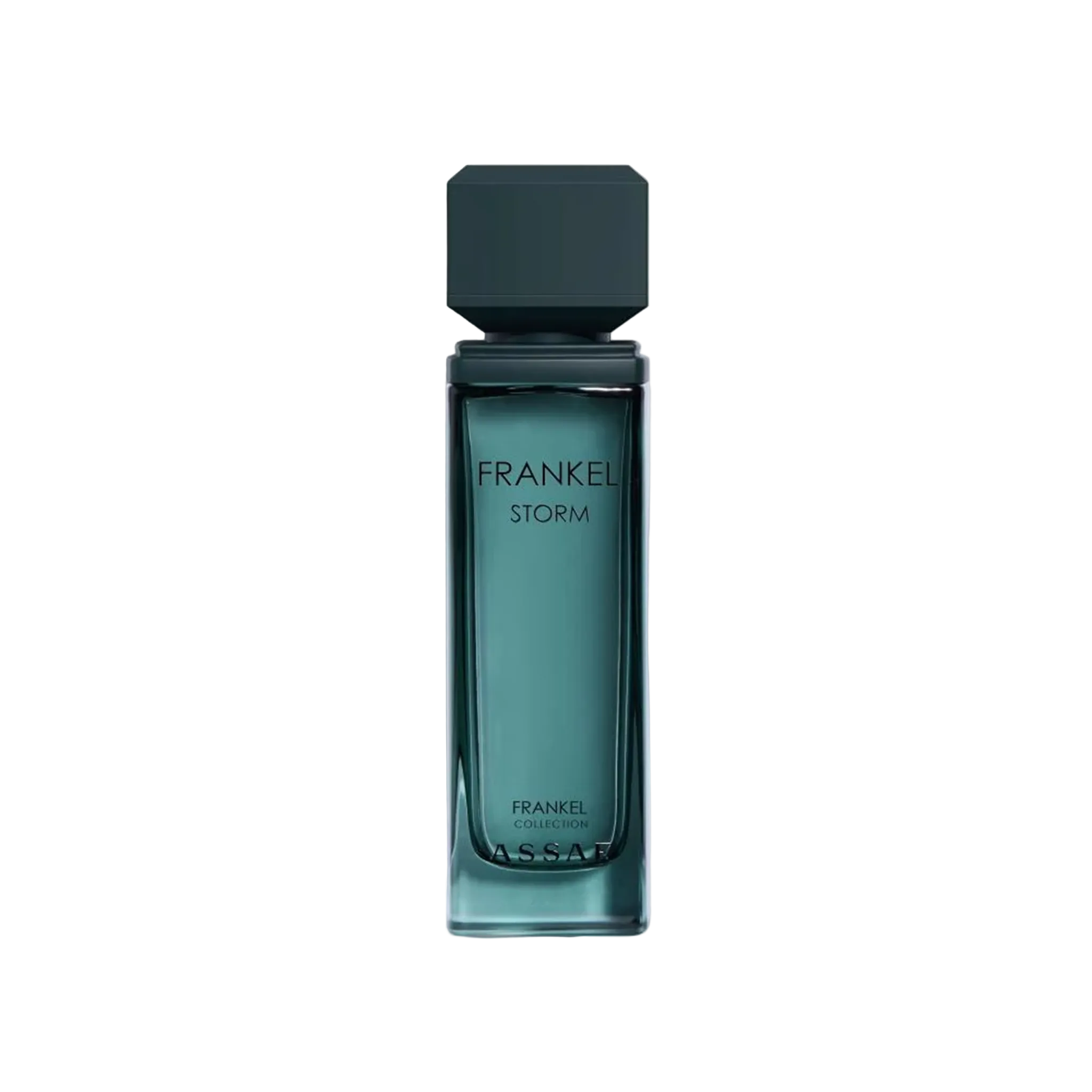 Assaf Frankel Storm perfume bottle in teal glass with a modern square black cap.