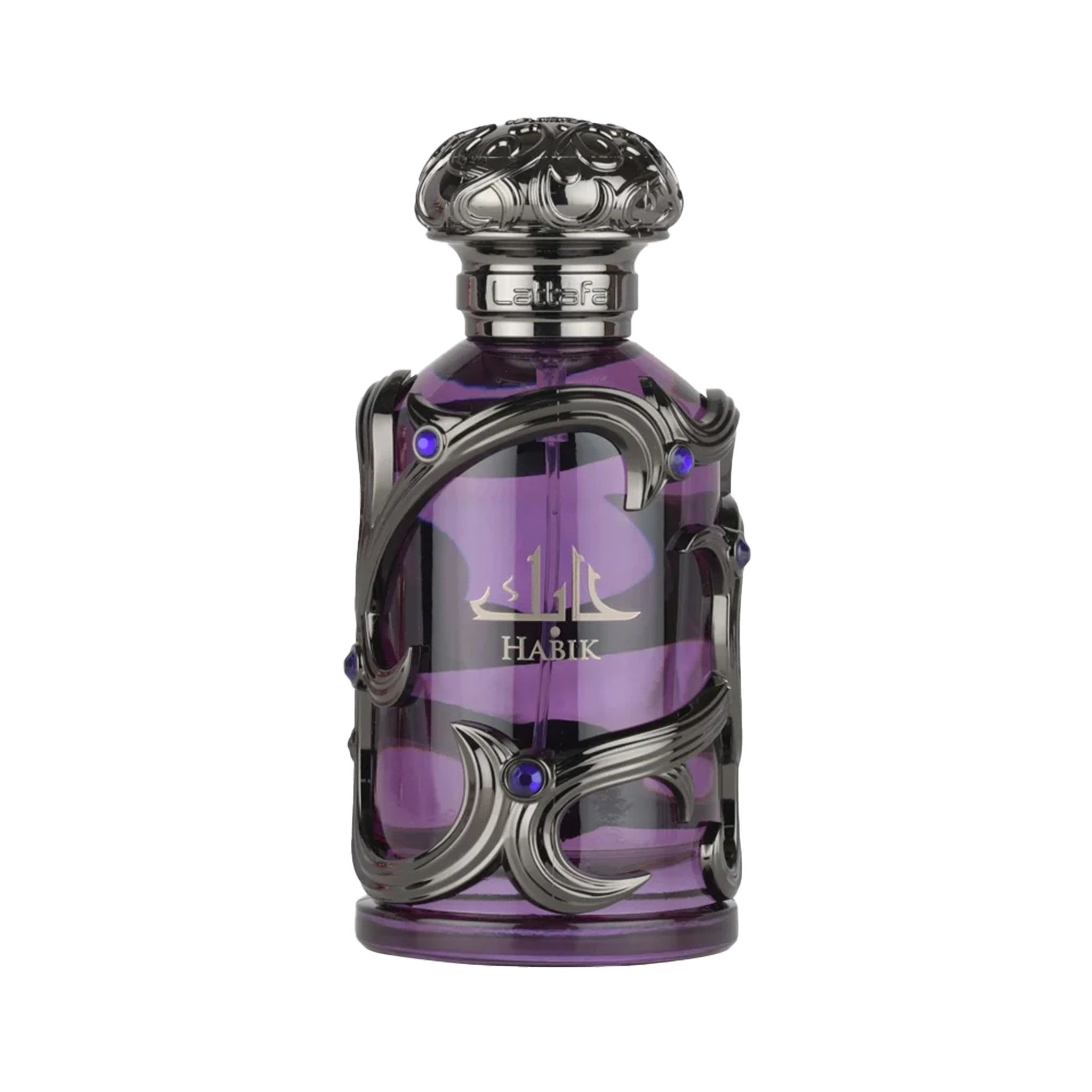 Habik perfume by Lattafa in royal purple bottle with intricate black metal design and blue jewel accents.