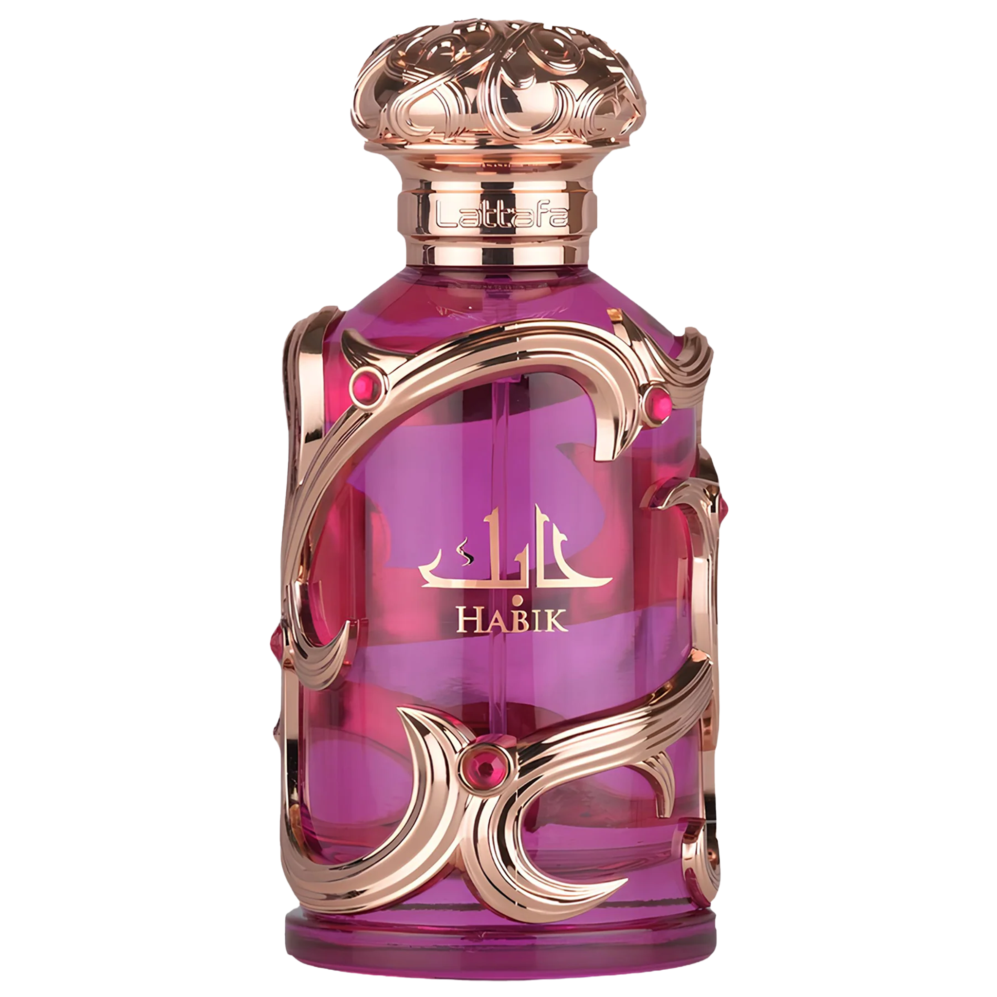 Habik perfume by Lattafa in luxurious purple bottle with ornate gold detailing and jewel accents.