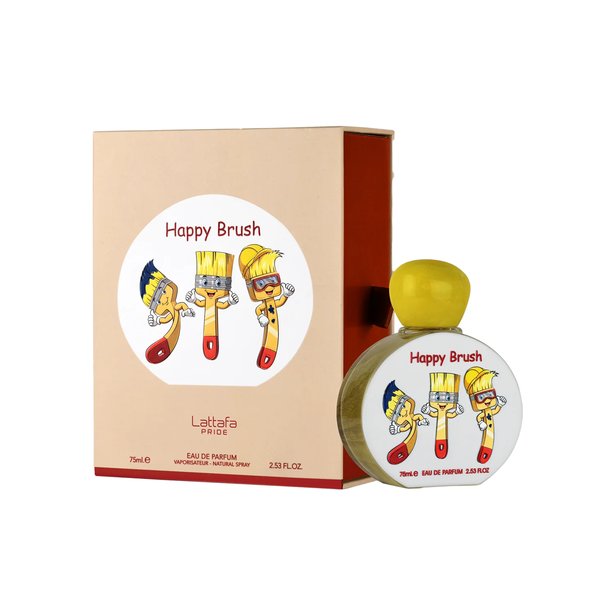 Happy Brush by Lattafa, featuring a playful perfume bottle and box with cartoon paintbrush characters and a bright yellow cap.