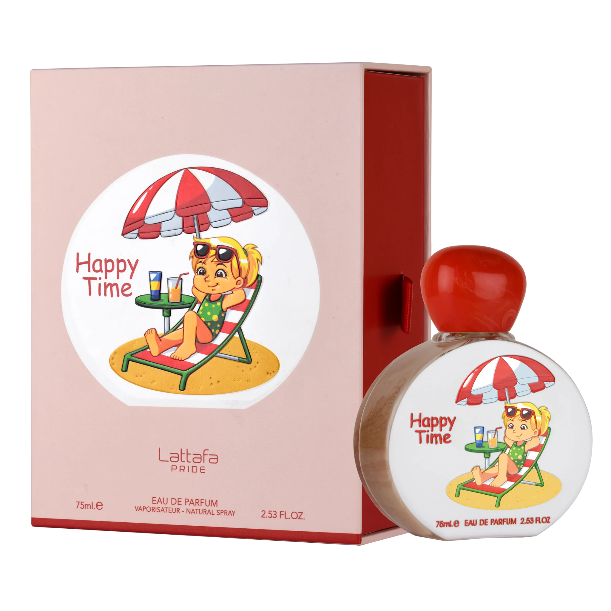 Lattafa Happy Time perfume bottle and packaging with cartoon design.