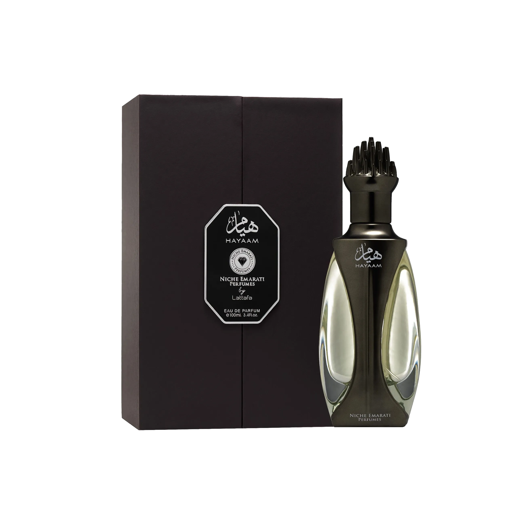 Hayaam Lattafa by Niche Emarati Perfumes, an elegant black gift box and a sleek perfume bottle featuring a sculpted cap.