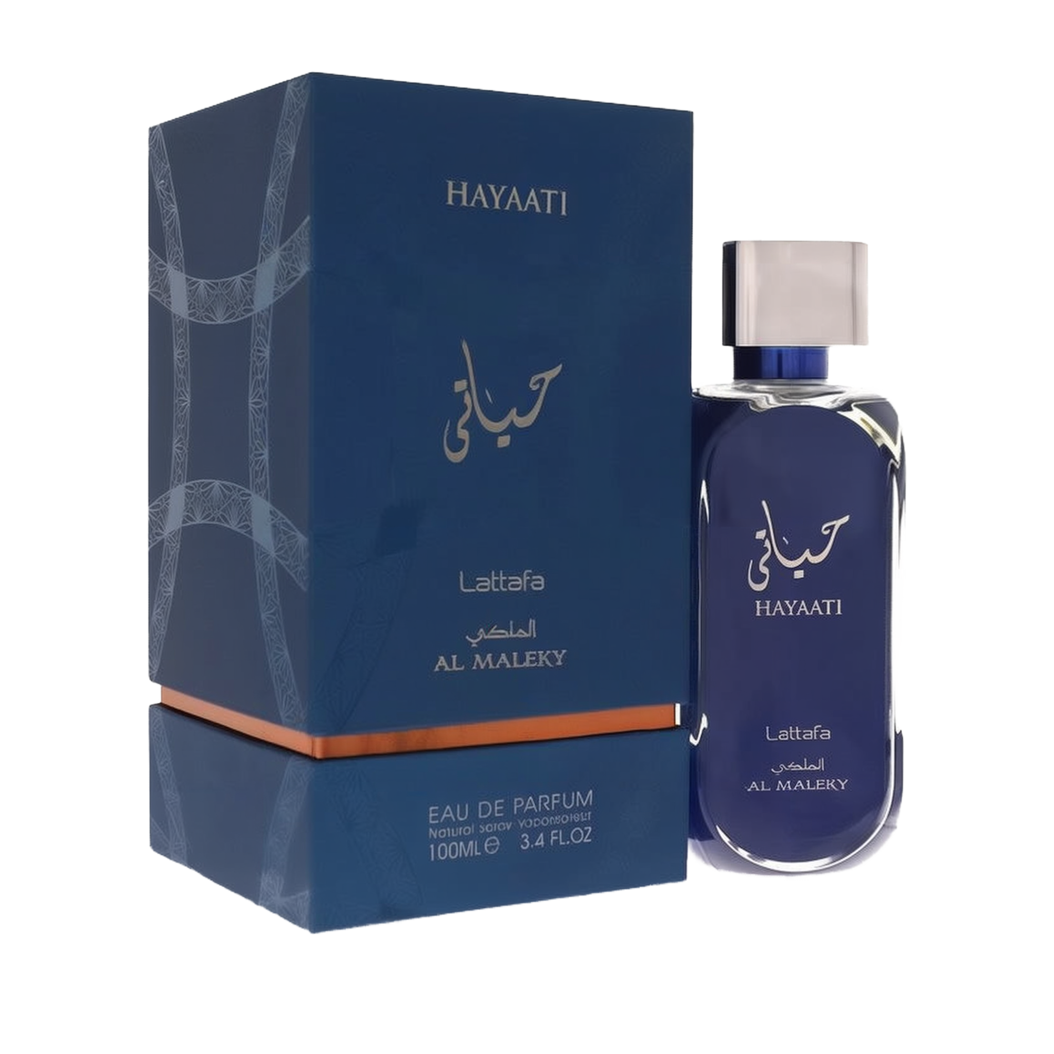 Image of Lattafa Hayaati Al Maleky Eau De Parfum bottle and packaging. The packaging is dark blue with silver text, featuring both English and Arabic lettering. The bottle is also dark blue, with a sleek design and a silver cap. The label on the bottle re