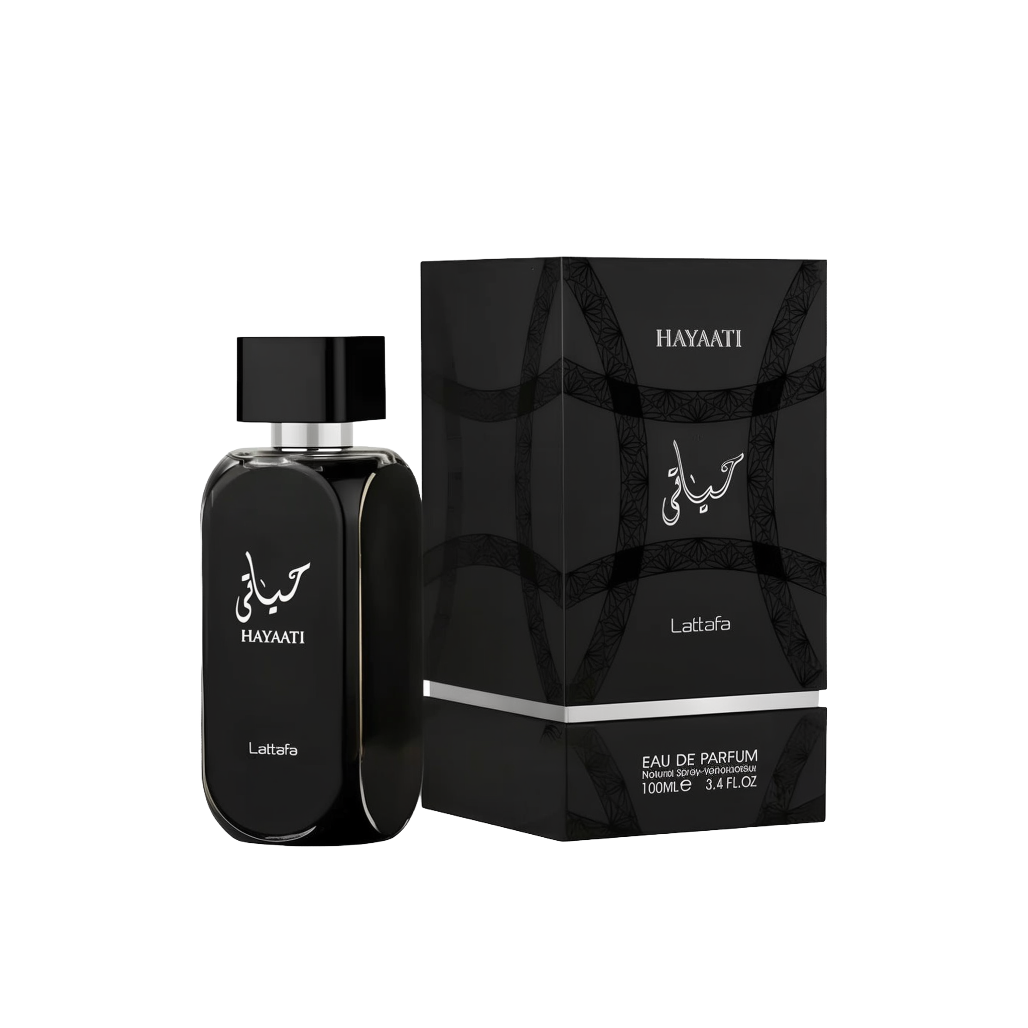 The image shows a black bottle of perfume from Lattafa with the name "Hayaati" written in both Arabic and English on the front. The bottle has a sleek, rectangular design with rounded edges and a silver ring around the neck. The packaging box, also black,