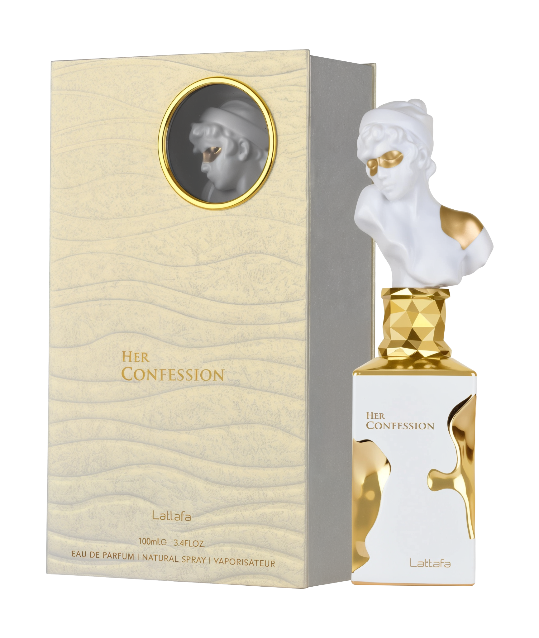 A rectangular, cream-colored box with “Her Confession” in gold lettering stands beside a matching perfume bottle by Lattafa. The bottle’s cap is a white, classical-style bust wearing a gold eye mask, and the faceted gold neck leads to a white bottle with gold accents.