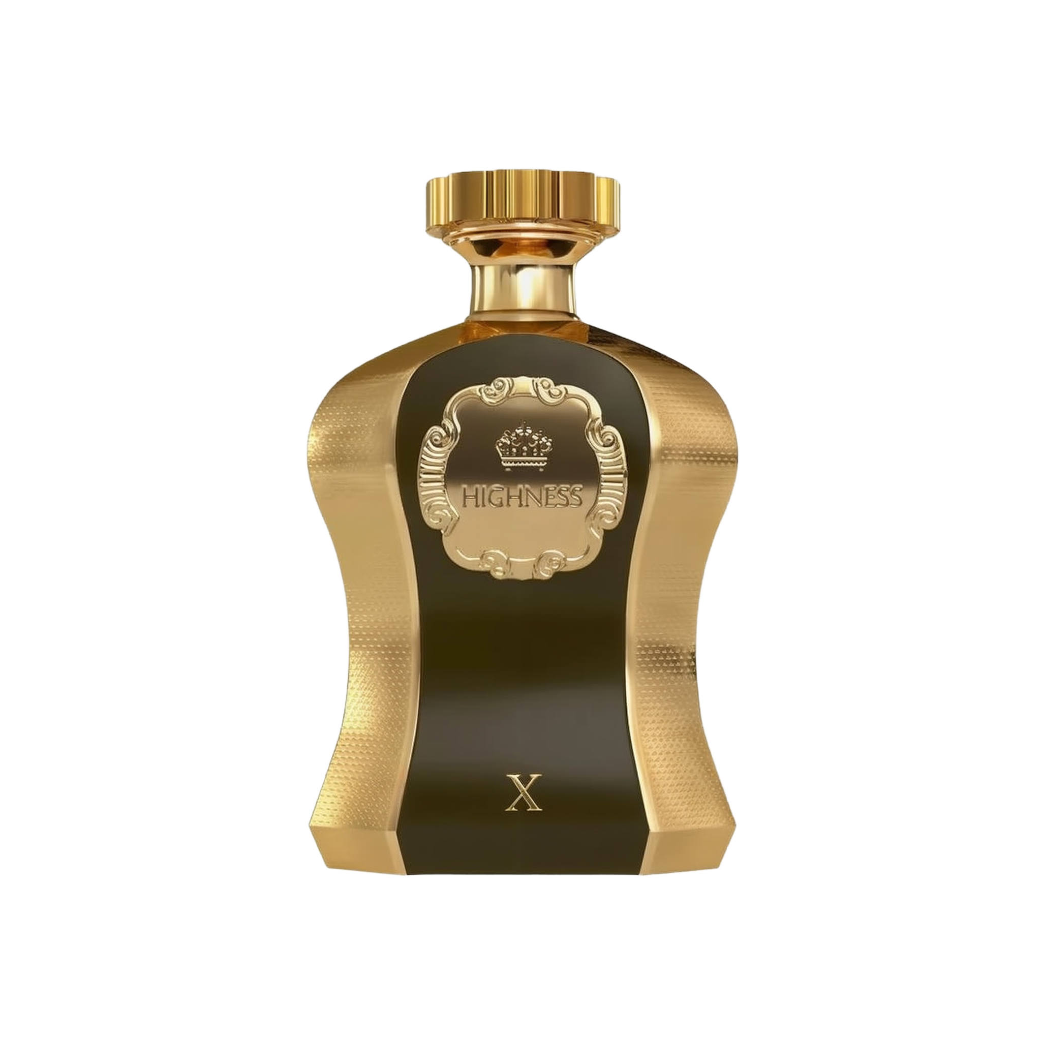 The image features an opulent perfume bottle from Afnan Perfumes named "Highness Brown X". The bottle has a unique, curvaceous shape with a metallic gold finish and textured details. A dark, opaque central panel with the word "HIGHNESS" inscribed within an ornate decorative frame adds contrast. Topping the bottle is a gold cap that complements its luxurious design.