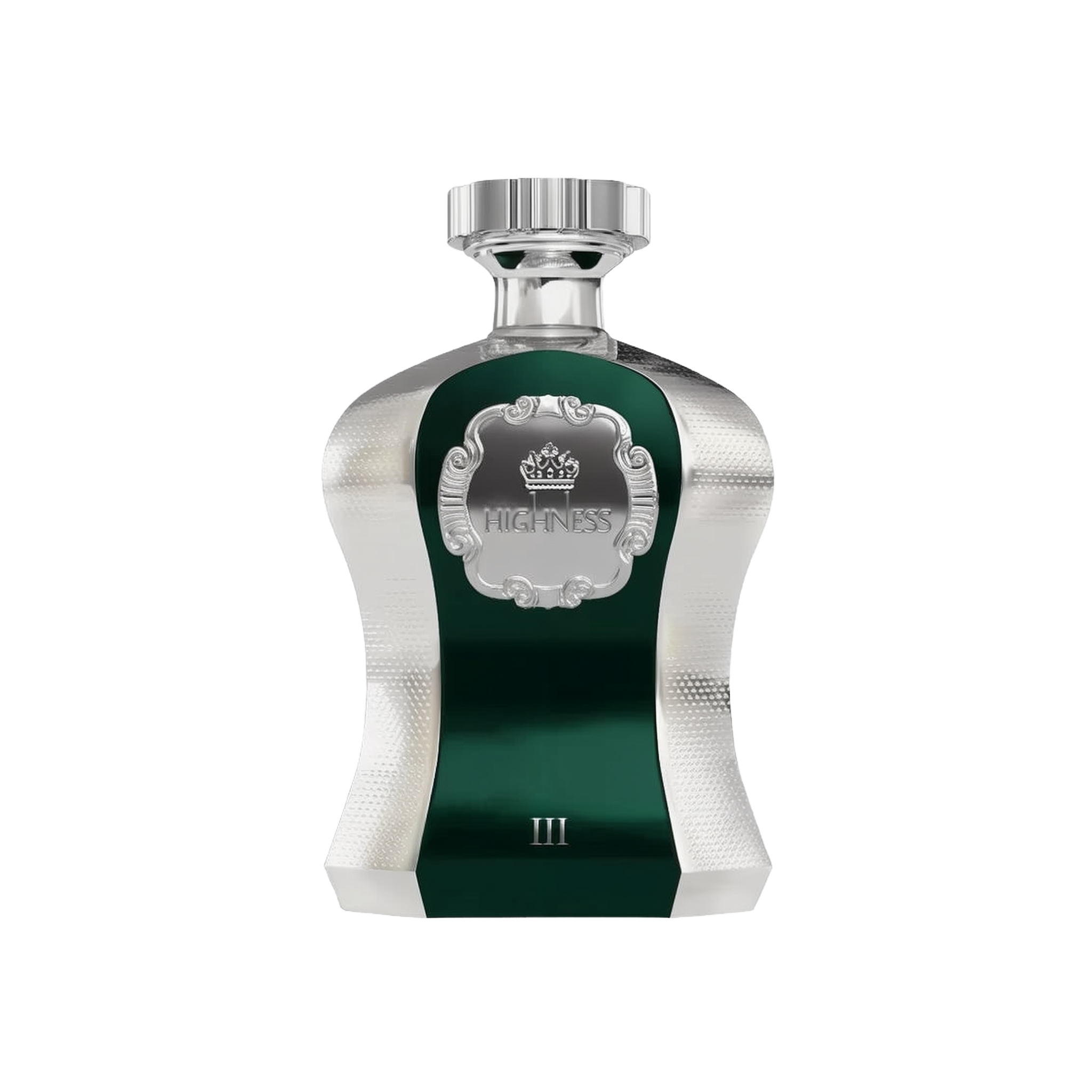 The image shows an elegant perfume bottle from Afnan Perfumes, part of the "Highness" series, featuring a deep green central panel surrounded by a metallic silver body with a textured finish. The front panel has the word "HIGHNESS" framed within a silver ornate border, under a crown symbol, indicating the regal nature of the scent. A polished silver cap sits on top of the bottle, and the number "III" is marked at the bottom of the green panel.