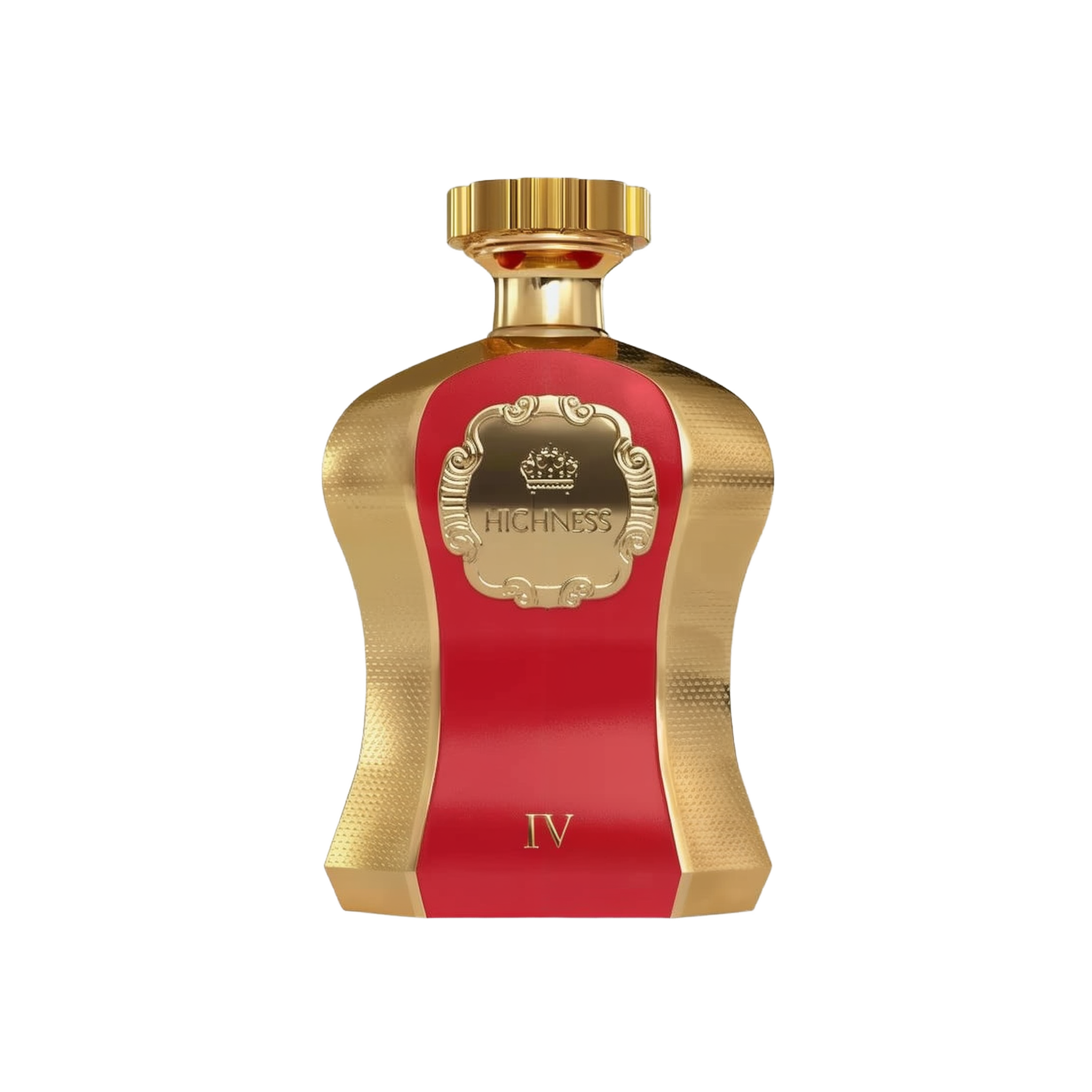 An image of "Highness Red IV" perfume by Afnan Perfumes, featuring a distinctive bottle with a royal red center and textured gold sides. The bottle has a polished gold cap and is adorned with an elegant, embossed label showcasing a crown and the name "HIGHNESS" within an ornate frame. The number "IV" is displayed at the bottom front of the bottle, indicating a variation of the Highness fragrance line.