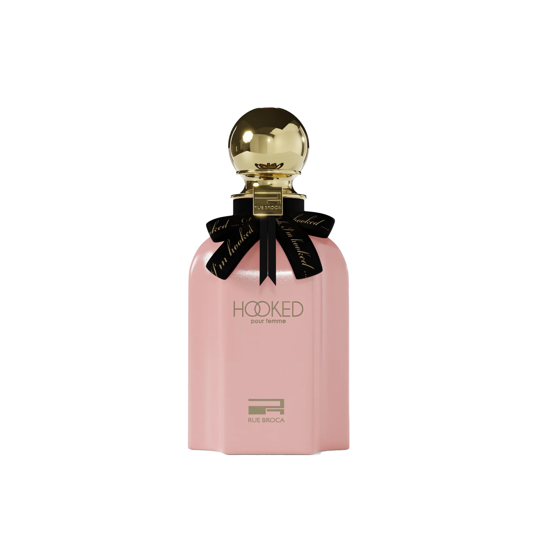 Hooked Pour Femme by Rue Broca in chic pink bottle with gold cap and elegant black ribbon.