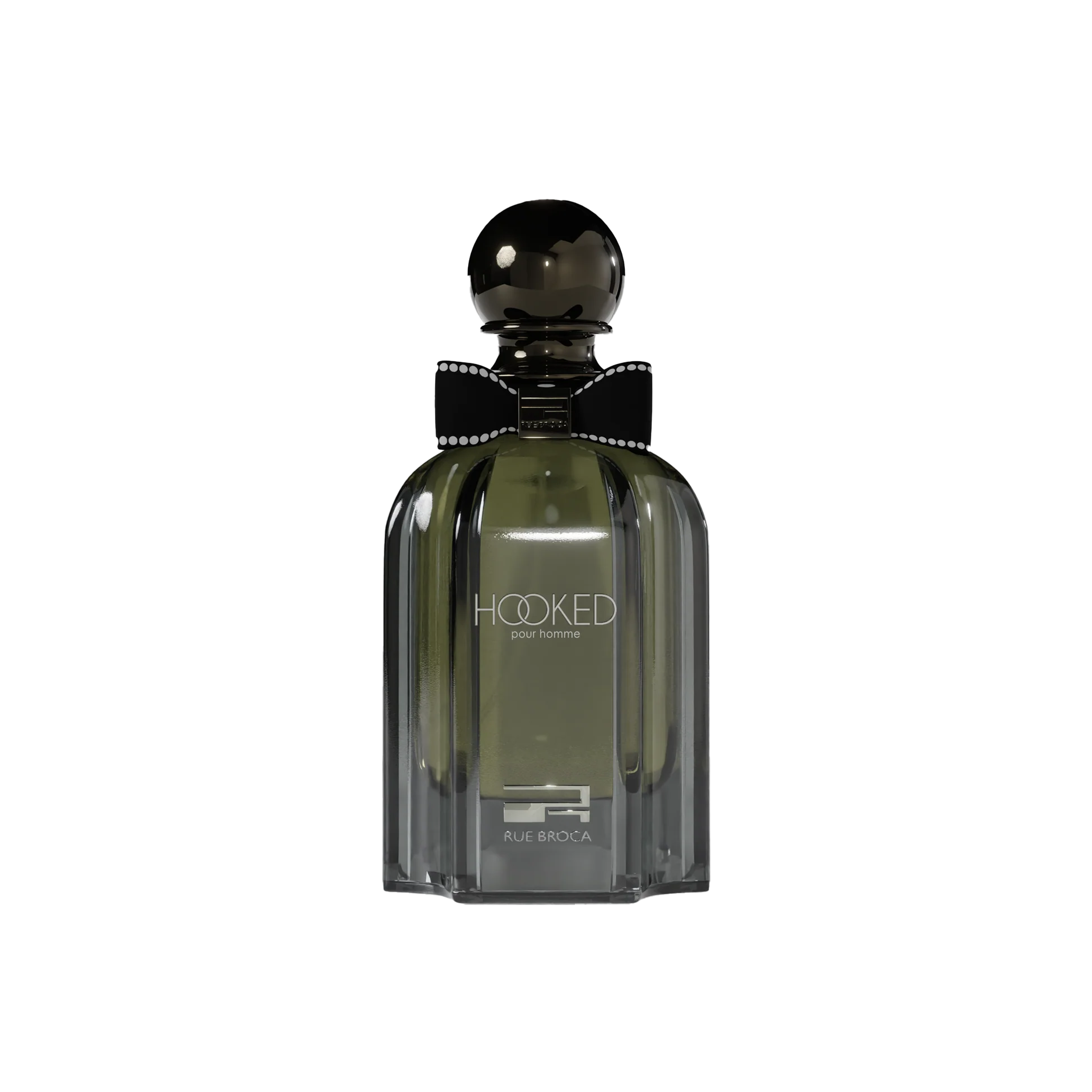 Hooked Pour Homme by Rue Broca in sleek smoky bottle with bold black bow tie.