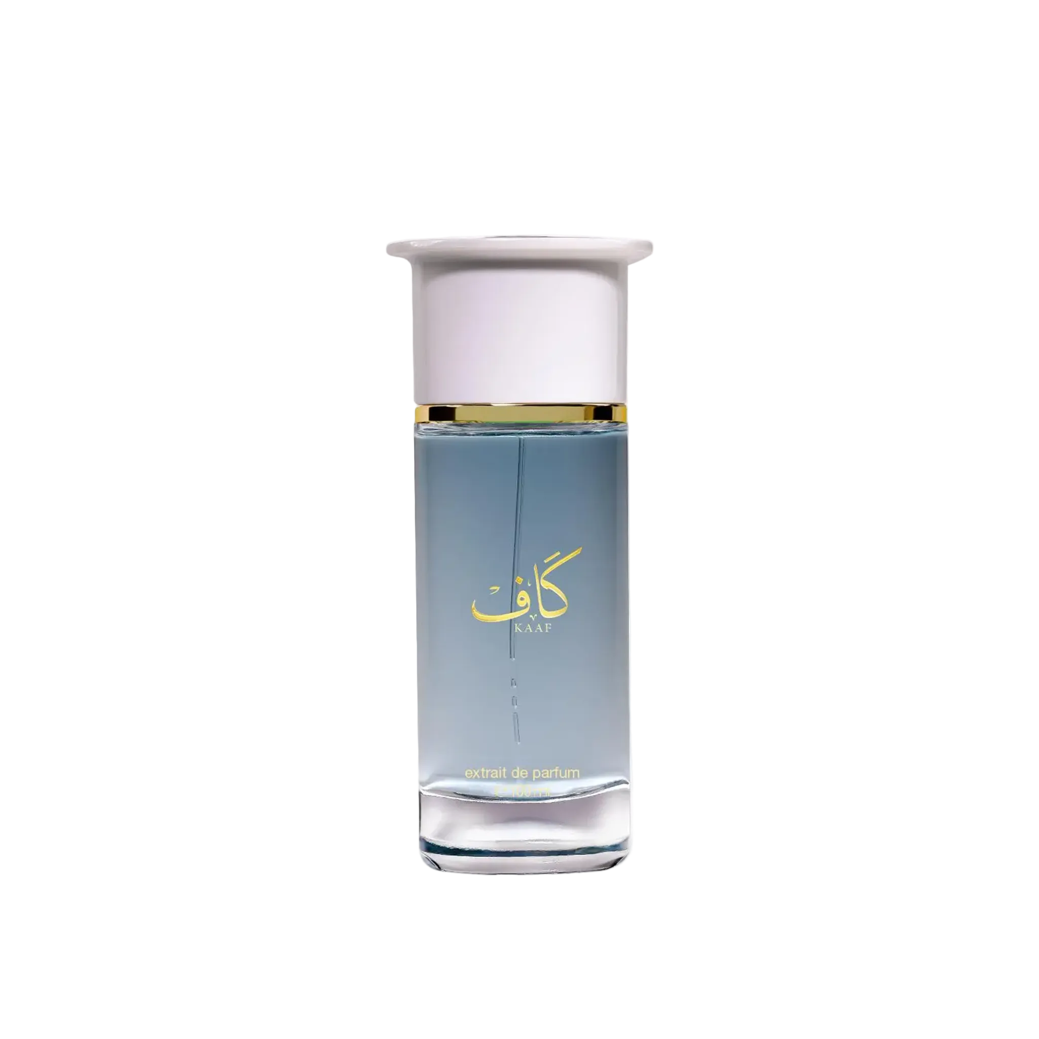 Kaaf Extrait De Parfum bottle featuring a tall clear glass design with soft blue liquid, gold Arabic lettering and a white cap with a gold band.