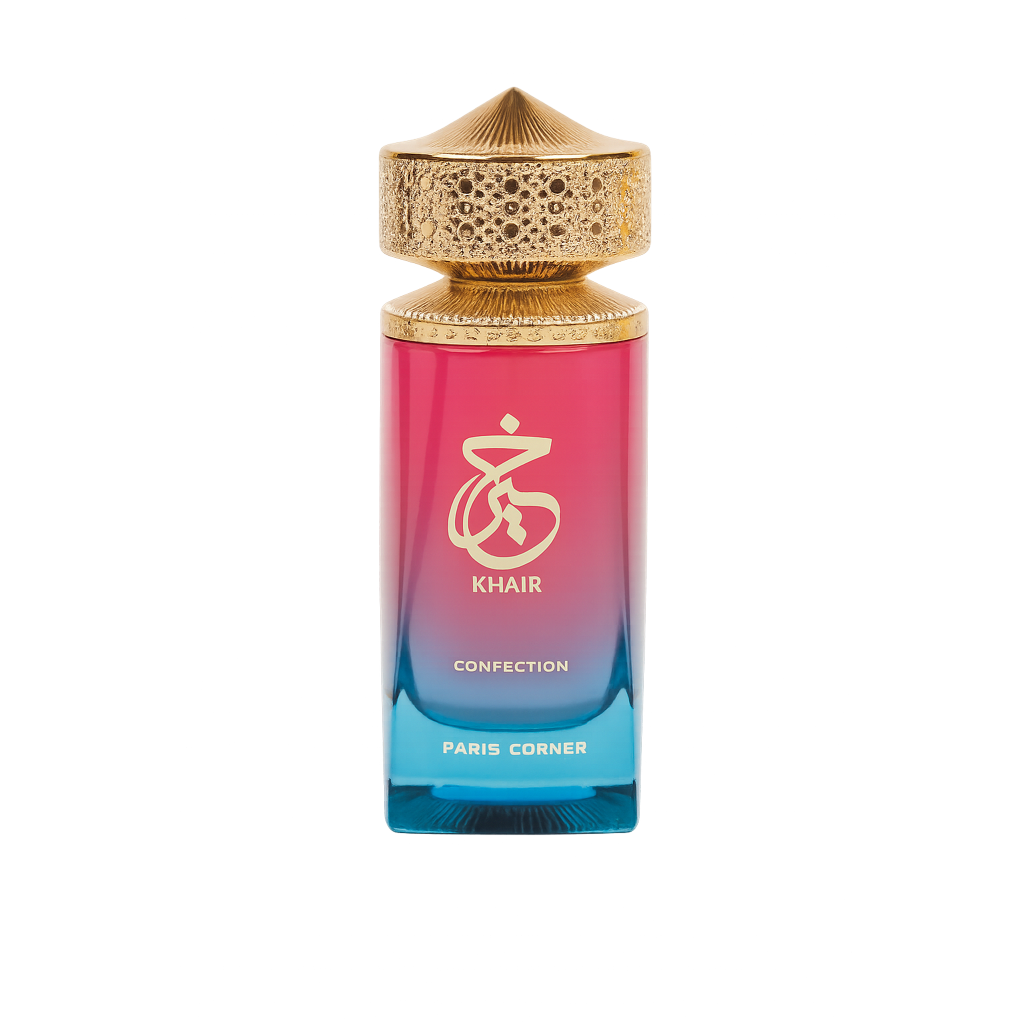 Pink and blue gradient perfume bottle with gold ornate cap and Khair Confection Paris Corner engraved on the bottle.
