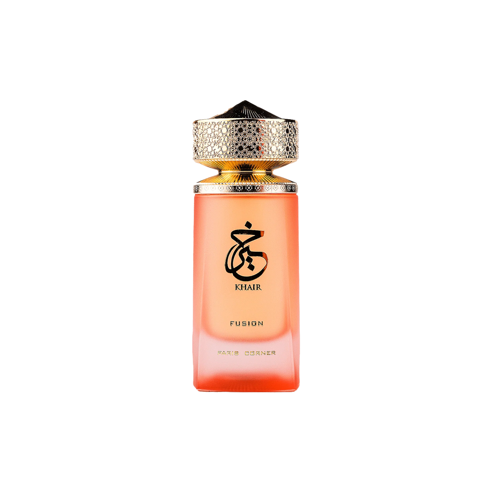Rectangular peach-orange bottle of Paris Corner Khair Fusion with ornate gold cap.